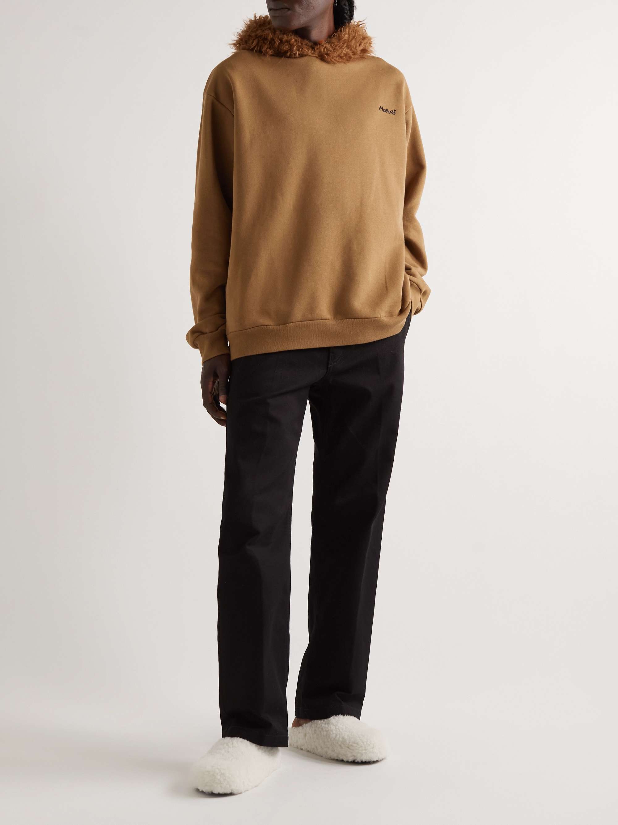 MARNI Logo-Embroidered Faux Shearling-Trimmed Cotton-Jersey Hoodie