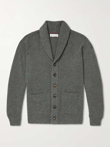 PJ Knitwear Mens Merino Wool Sweater Ribbed Knit Shawl Collar Cardigan 