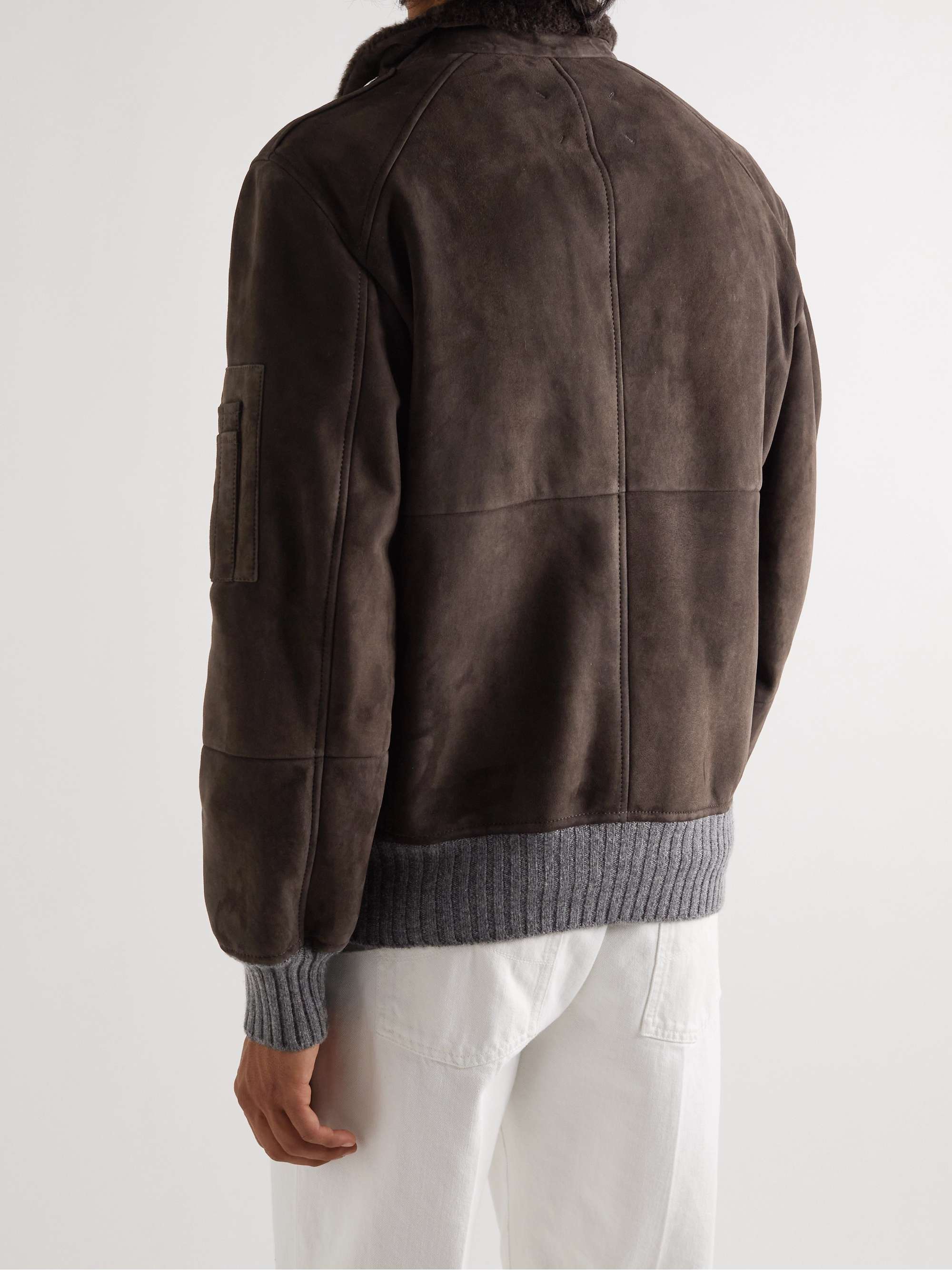BRUNELLO CUCINELLI Shearling-Lined Cashmere-Trimmed Suede Bomber Jacket