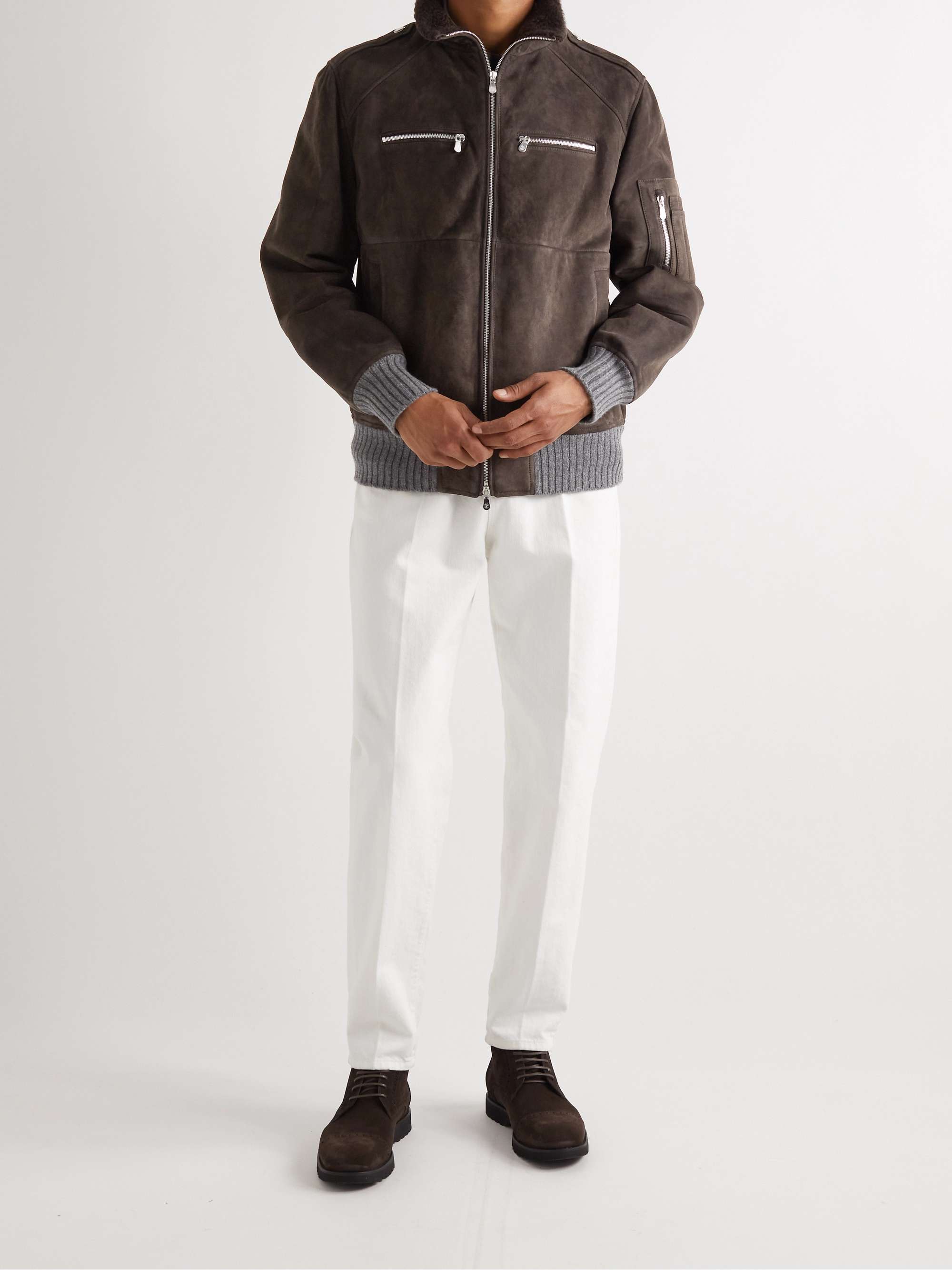 BRUNELLO CUCINELLI Shearling-Lined Cashmere-Trimmed Suede Bomber Jacket