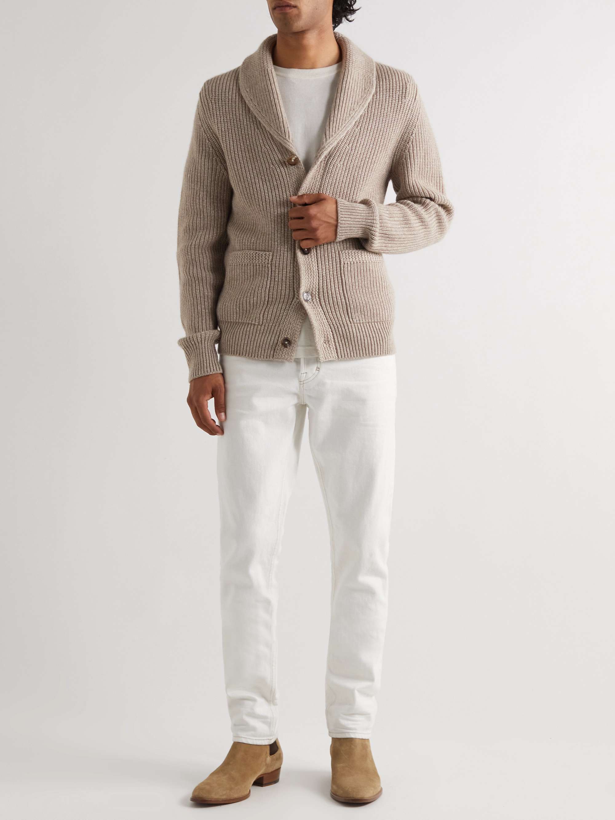 TOM FORD Shawl-Collar Ribbed-Knit Cashmere and Linen-Blend Cardigan