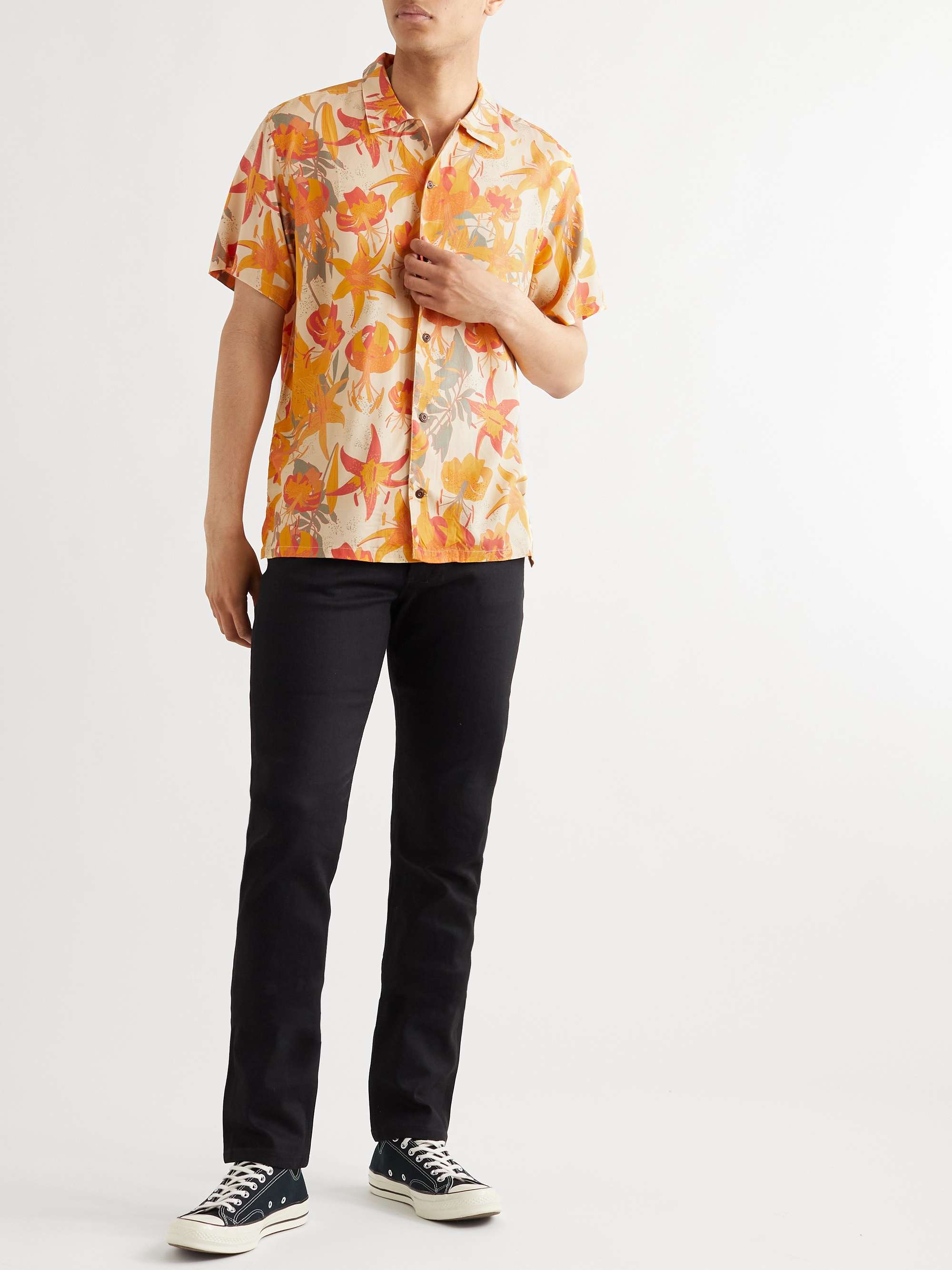 NUDIE JEANS Arvid Lilies Convertible-Collar Floral-Print TENCEL™ Lyocell Shirt