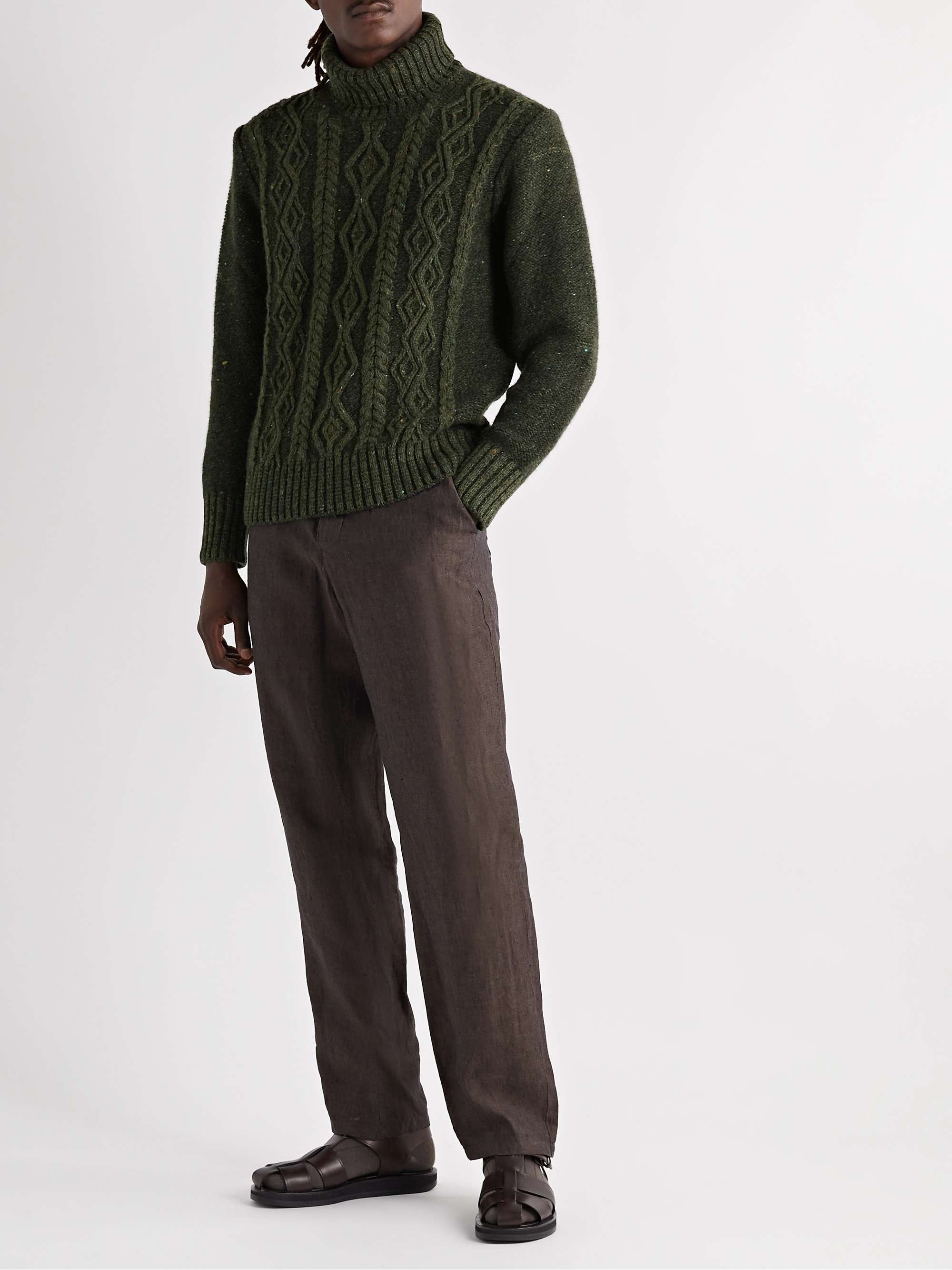 INIS MEÁIN Cable-Knit Donegal Merino Wool and Cashmere-Blend Rollneck Sweater