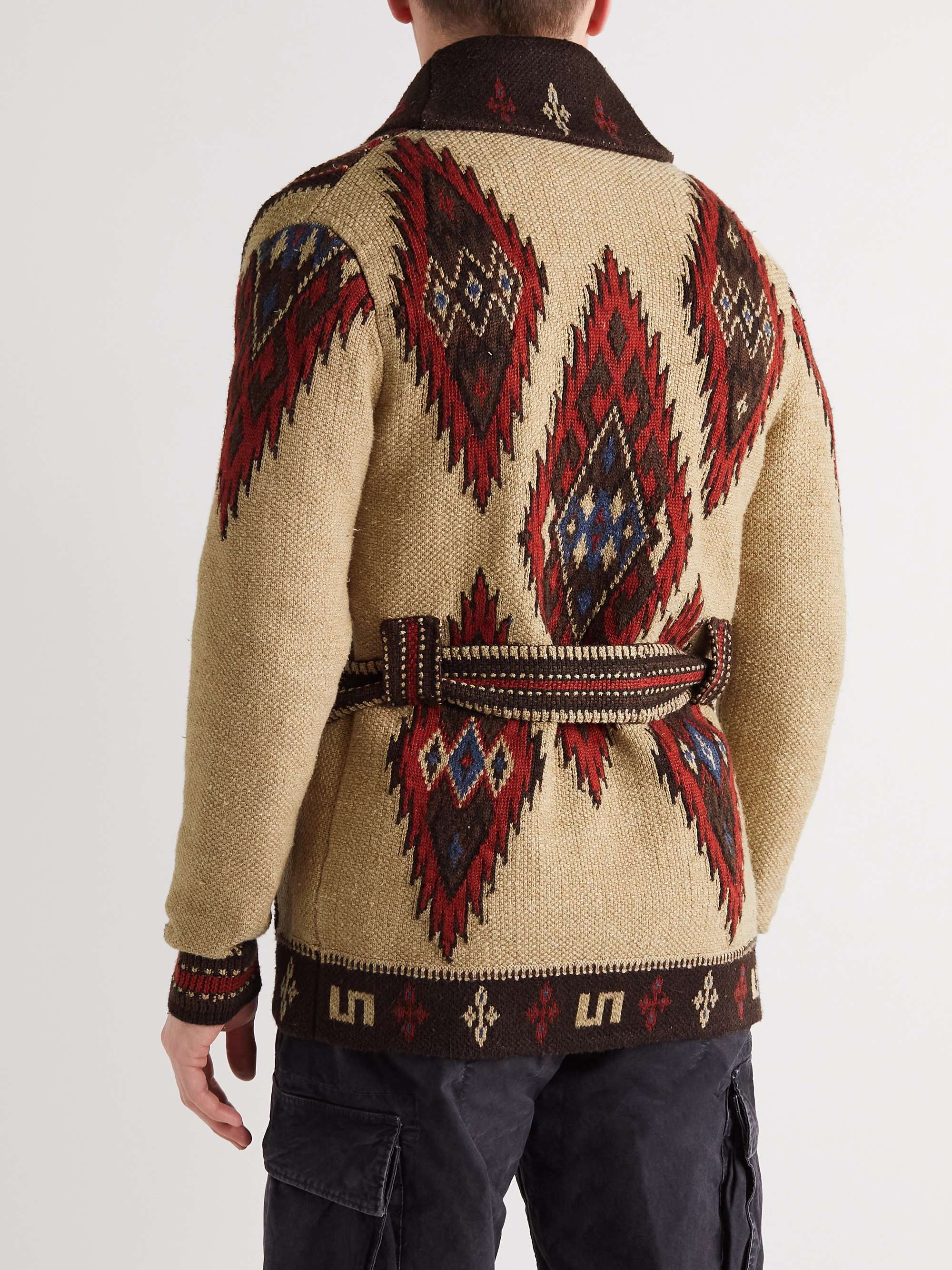 RRL Belted Shawl-Collar Jacquard-Knit Linen, Cotton and Silk-Blend Cardigan