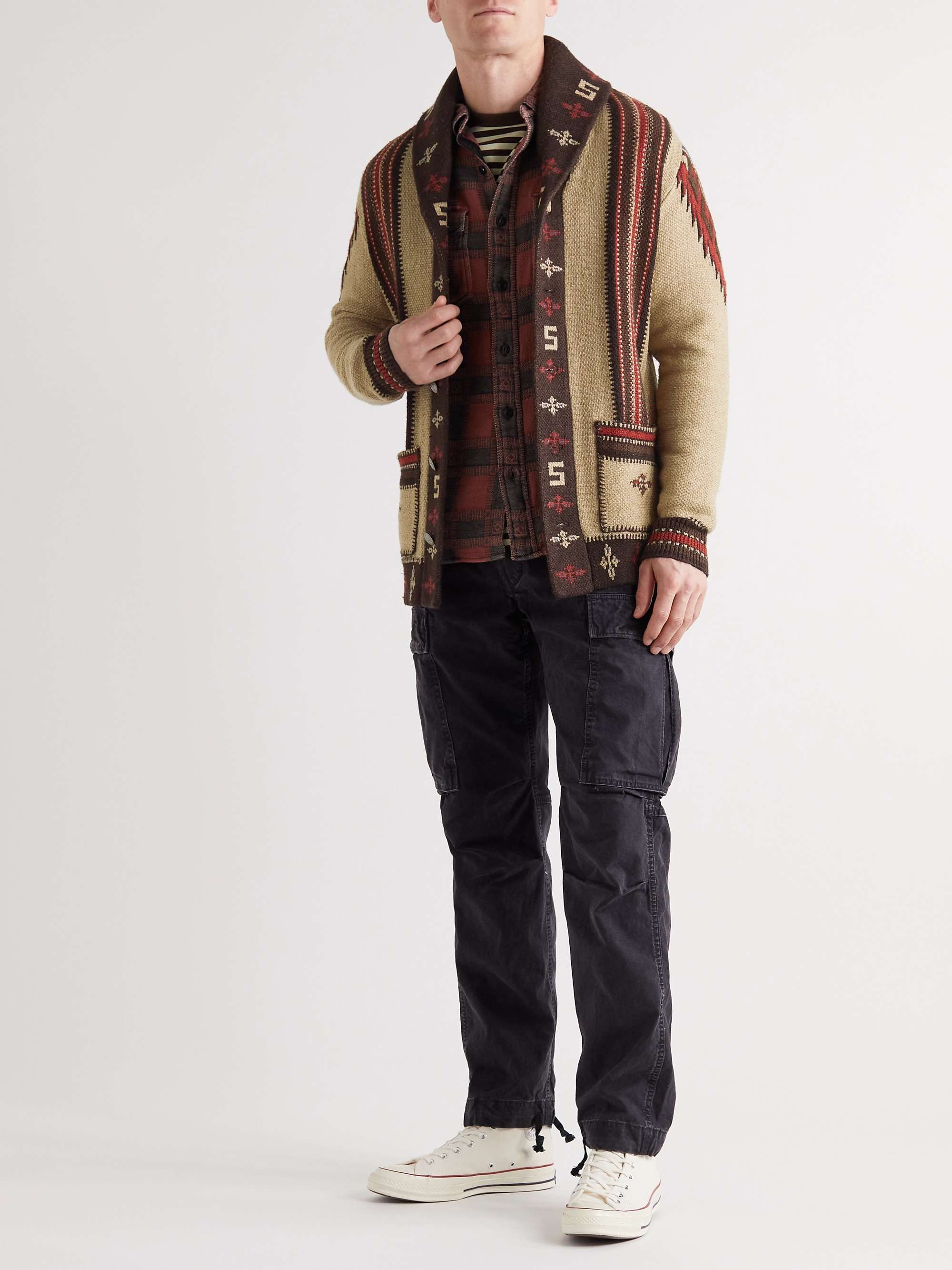 RRL Belted Shawl-Collar Jacquard-Knit Linen, Cotton and Silk-Blend Cardigan