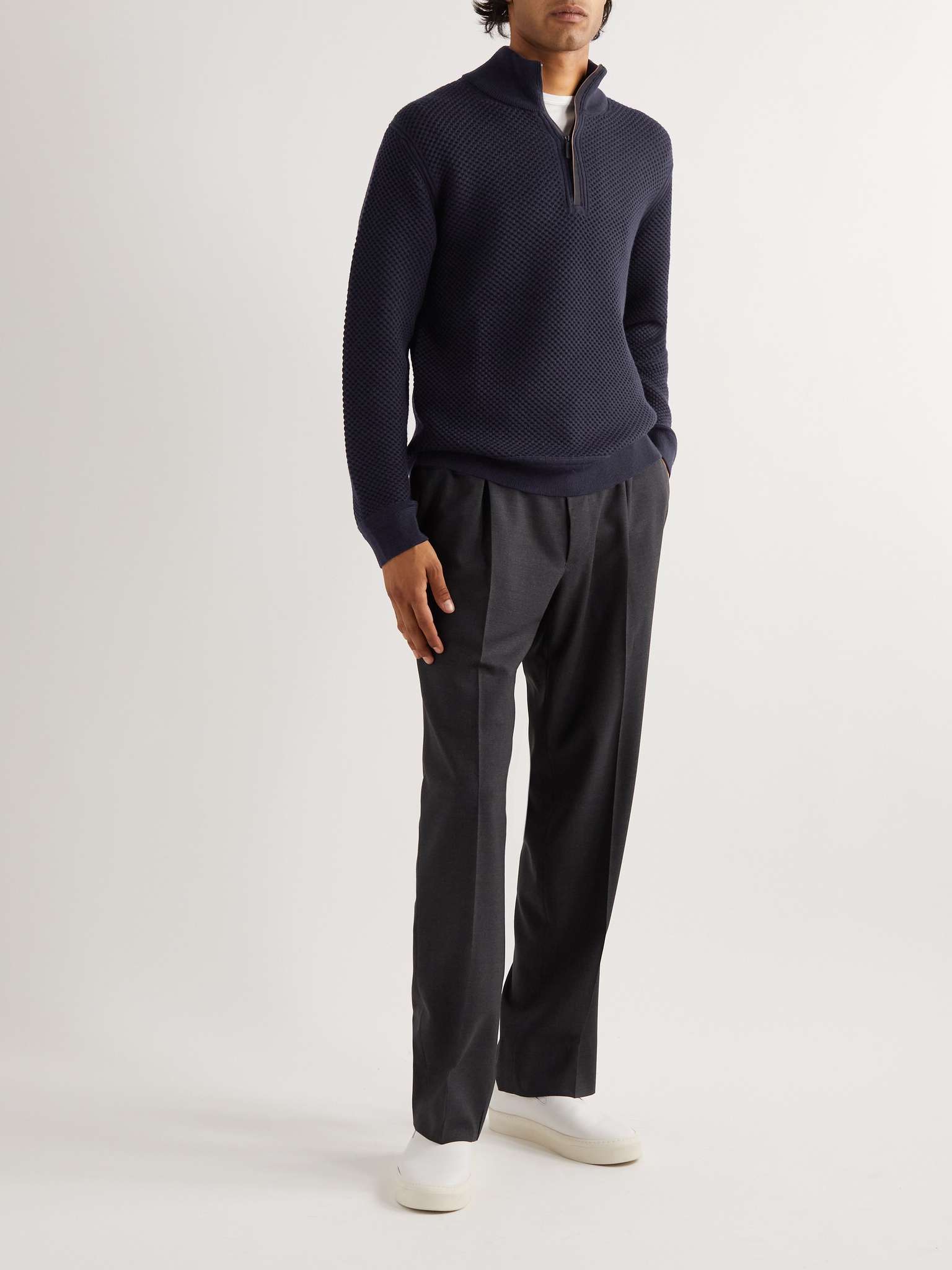 Navy Leather-Trimmed Waffle-Knit Wool and Cashmere Half-Zip Sweater ...