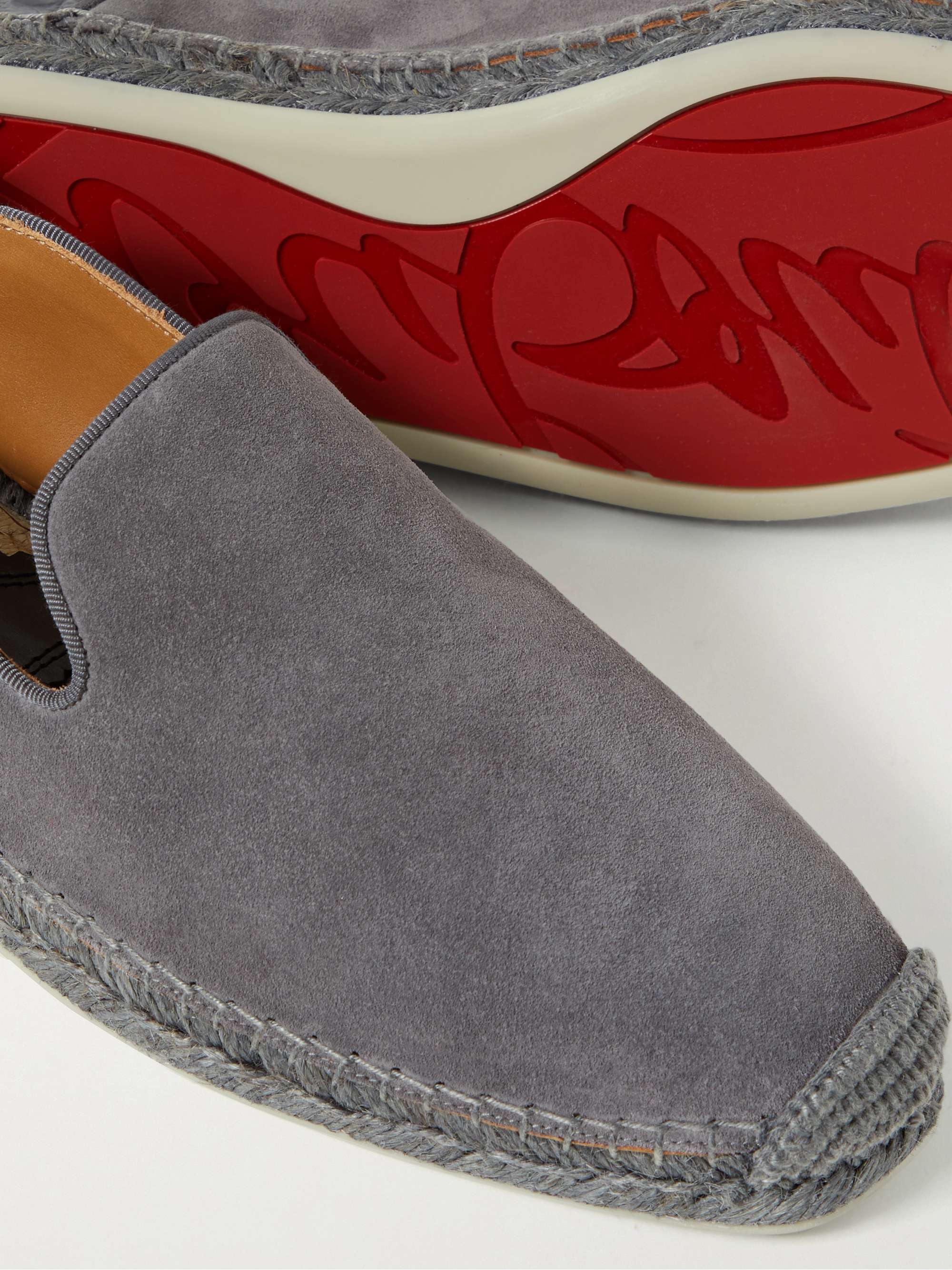 Mens Shoes Slip-on shoes Espadrille shoes and sandals Christian Louboutin Collapsible-heel Croc-effect Leather-trimmed Suede Espadrilles in Grey for Men 