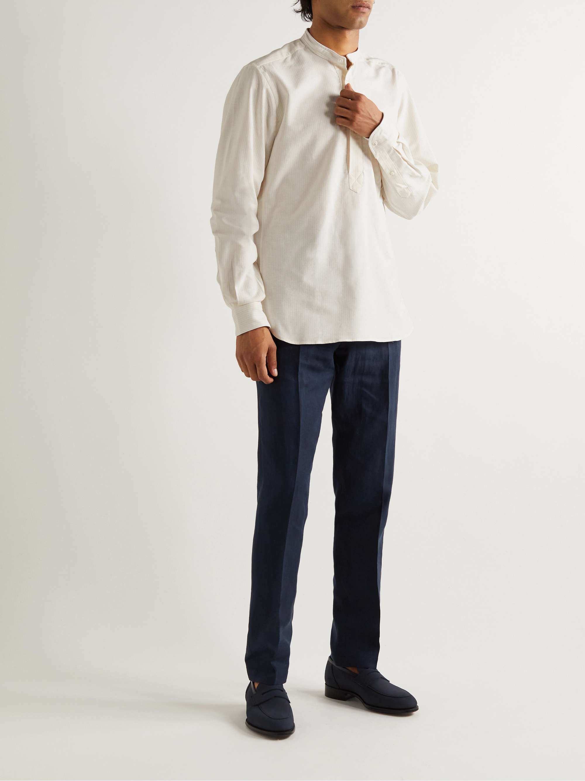 KINGSMAN Slim-Fit Striped Grandad-Collar Cotton Oxford Shirt