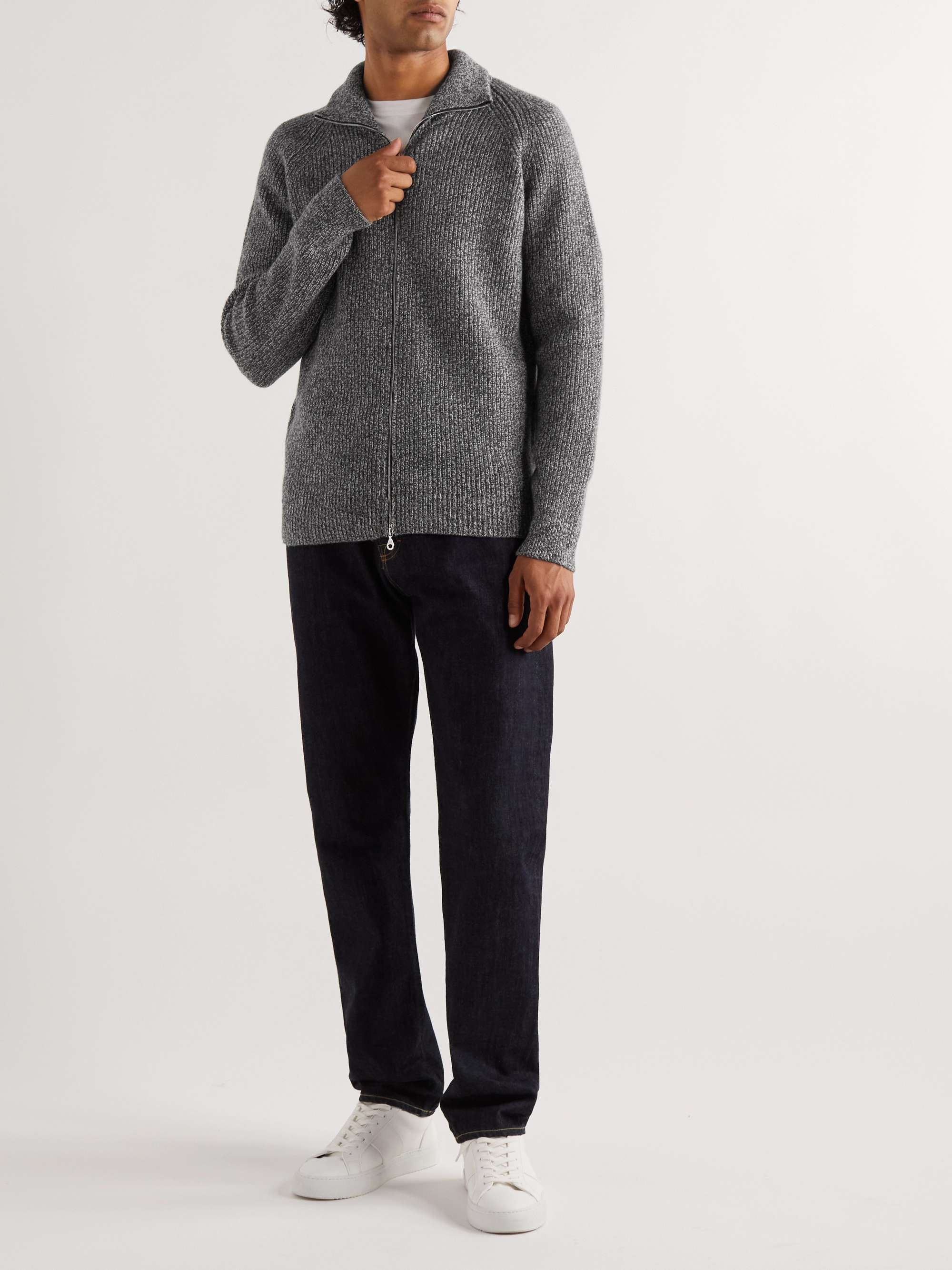 JOHN SMEDLEY Ribbed Recycled Cashmere and Merino Wool-Blend Zip-Up Cardigan