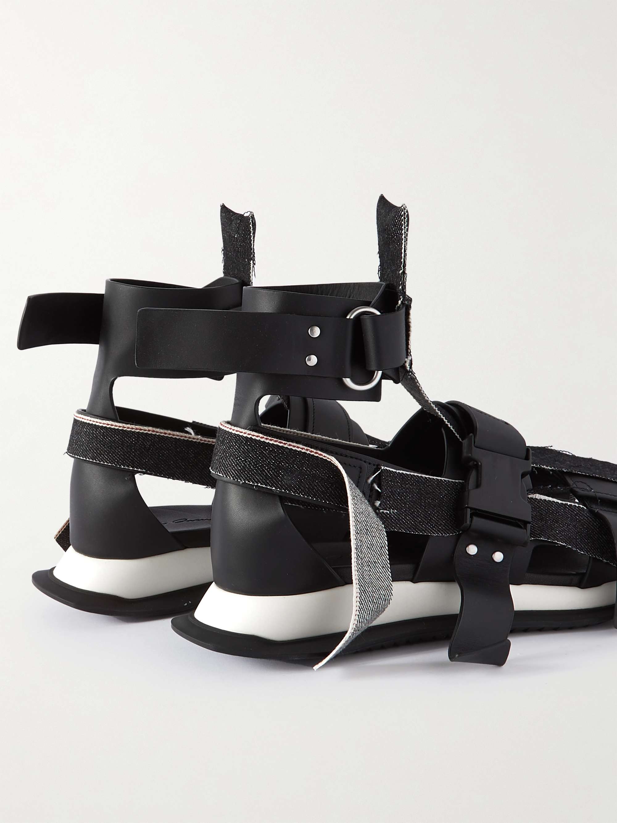 RICK OWENS + Swampgod Upcycled Frayed Denim and Leather Sandals