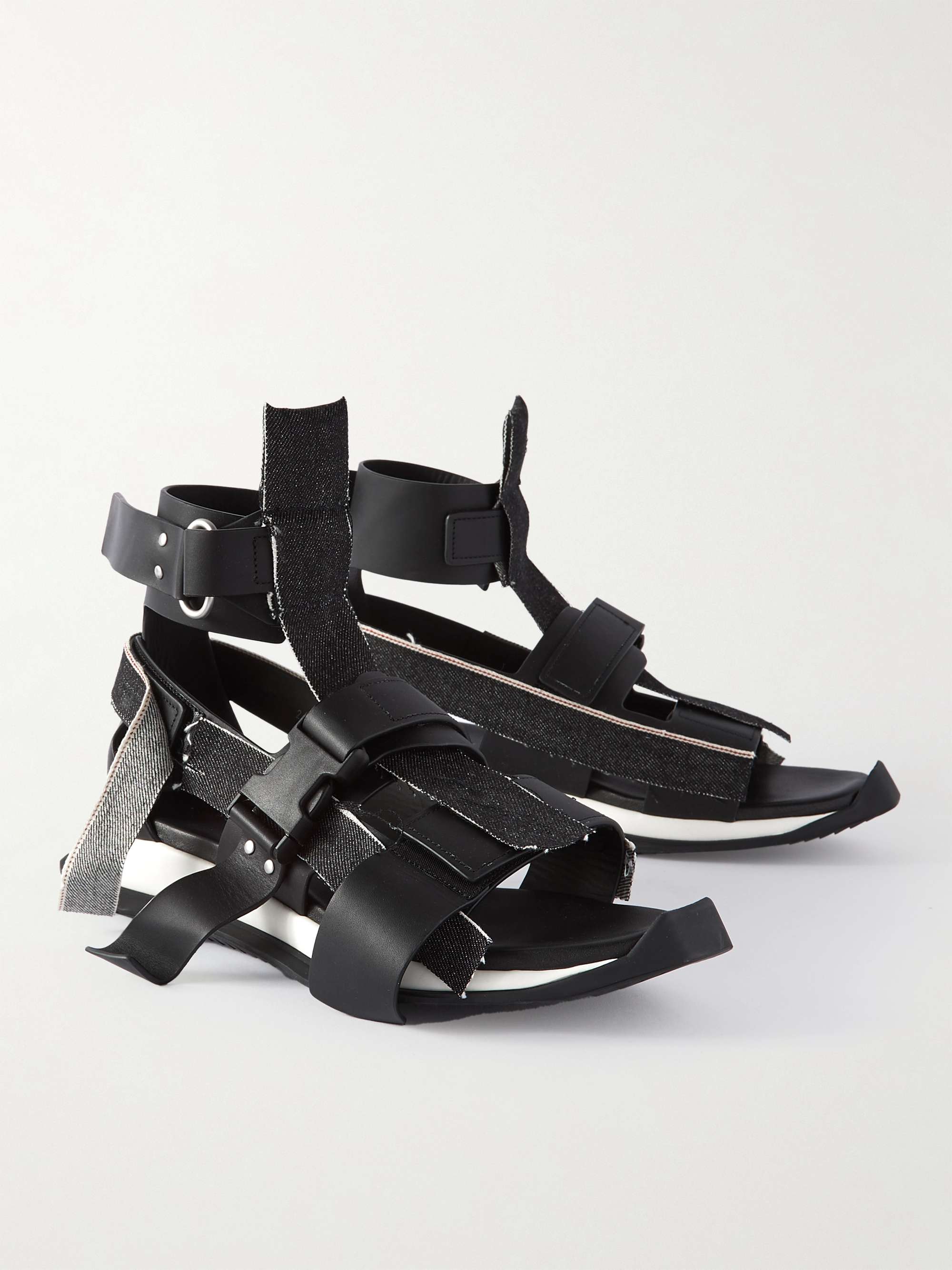 RICK OWENS + Swampgod Upcycled Frayed Denim and Leather Sandals