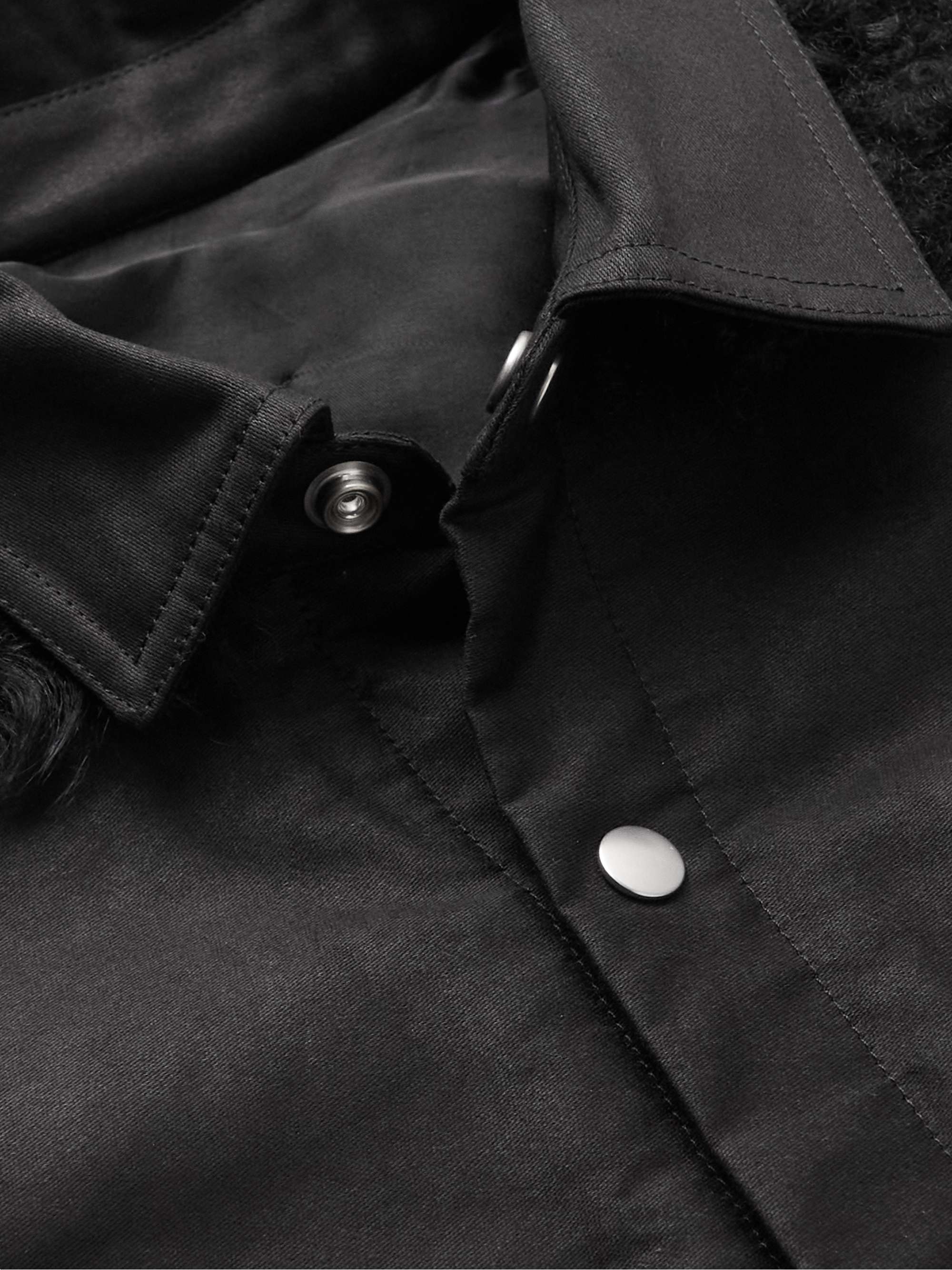RICK OWENS + Swampgod Upcycled Logo-Appliquéd Shearling, Cotton and Wool-Blend Shirt Jacket