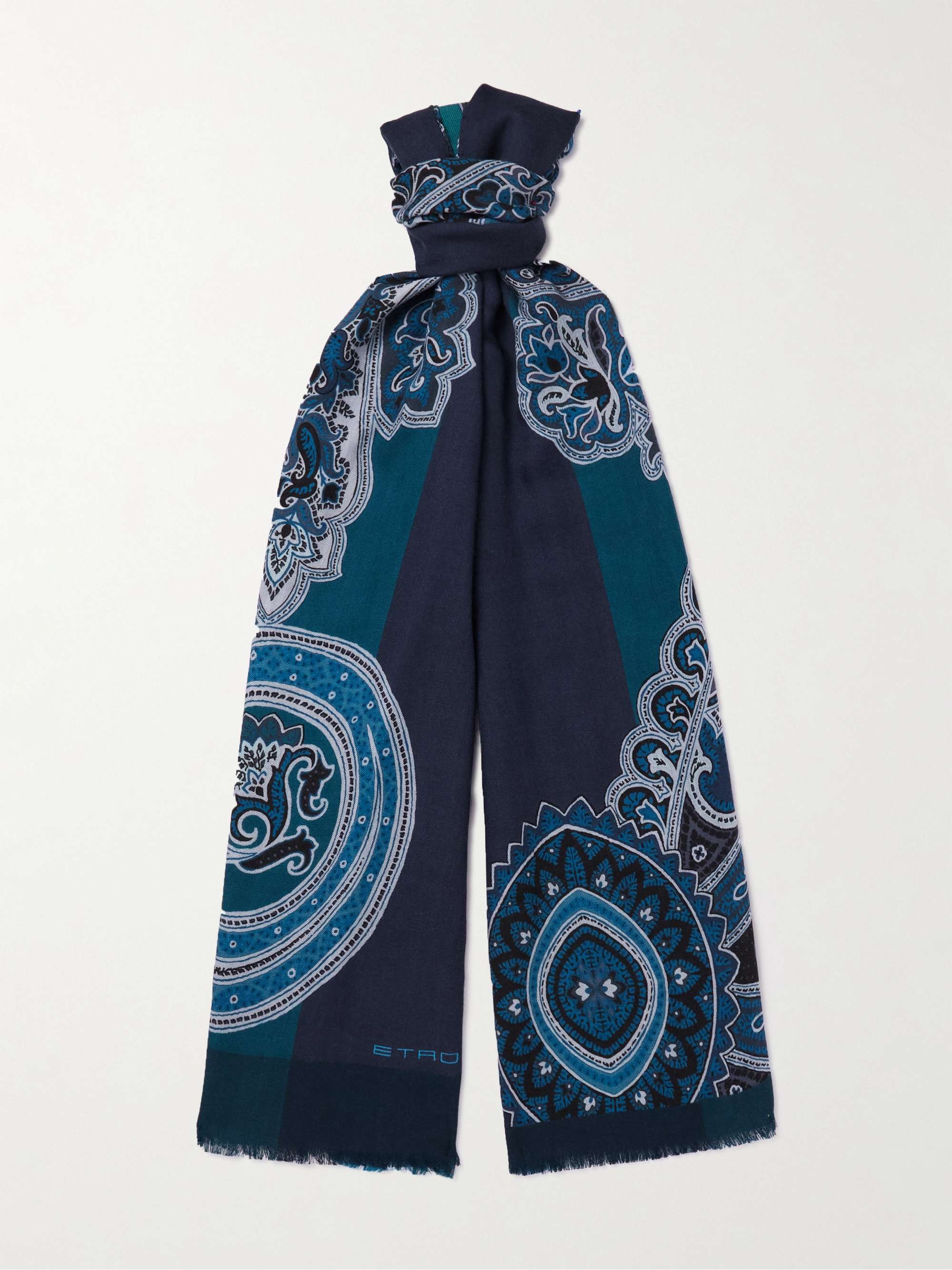 ETRO Fringed Printed Wool and Silk-Blend Twill Scarf
