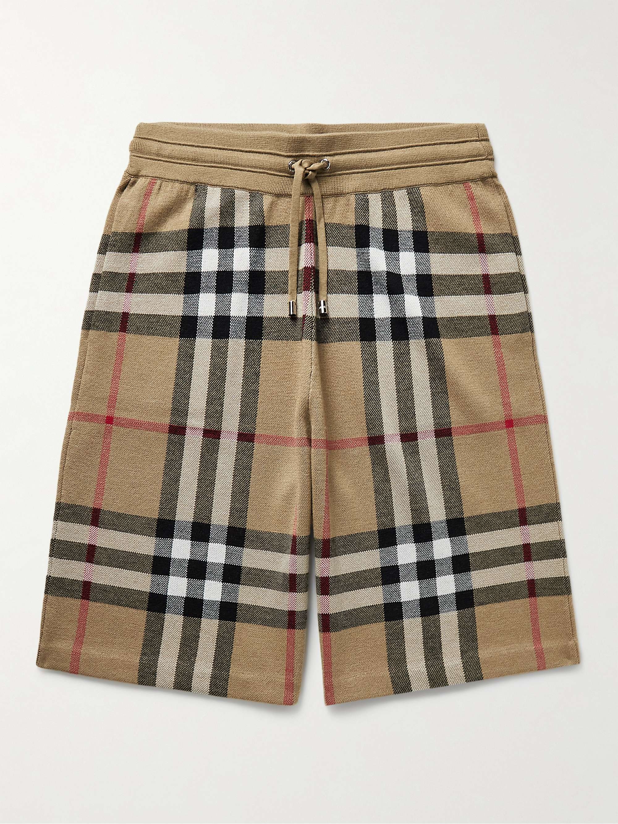 BURBERRY Straight-Leg Checked Birdseye Silk and Wool-Blend Drawstring Shorts
