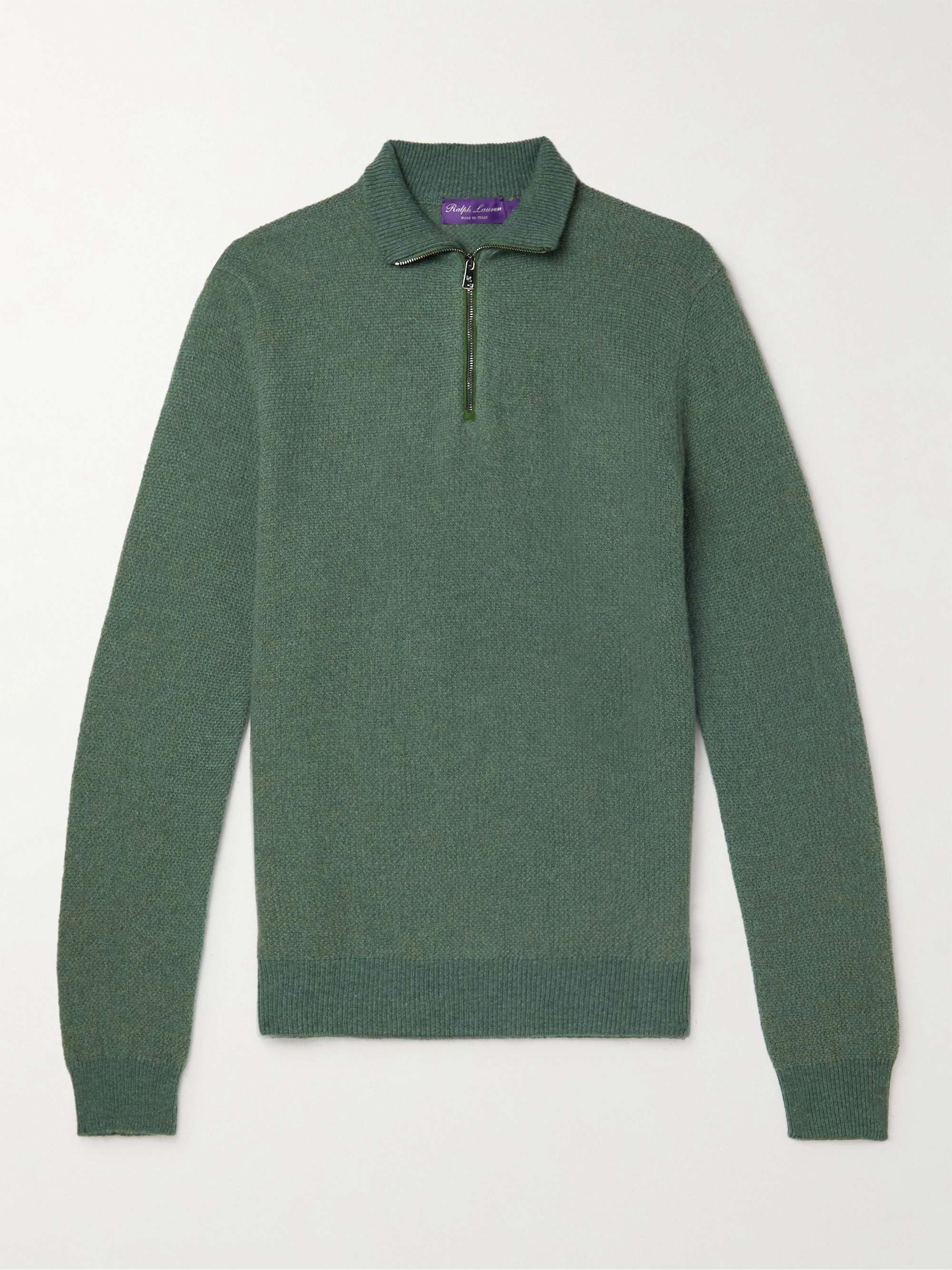 RALPH LAUREN PURPLE LABEL Suede-Trimmed Honeycomb-Knit Cashmere Half-Zip Sweater