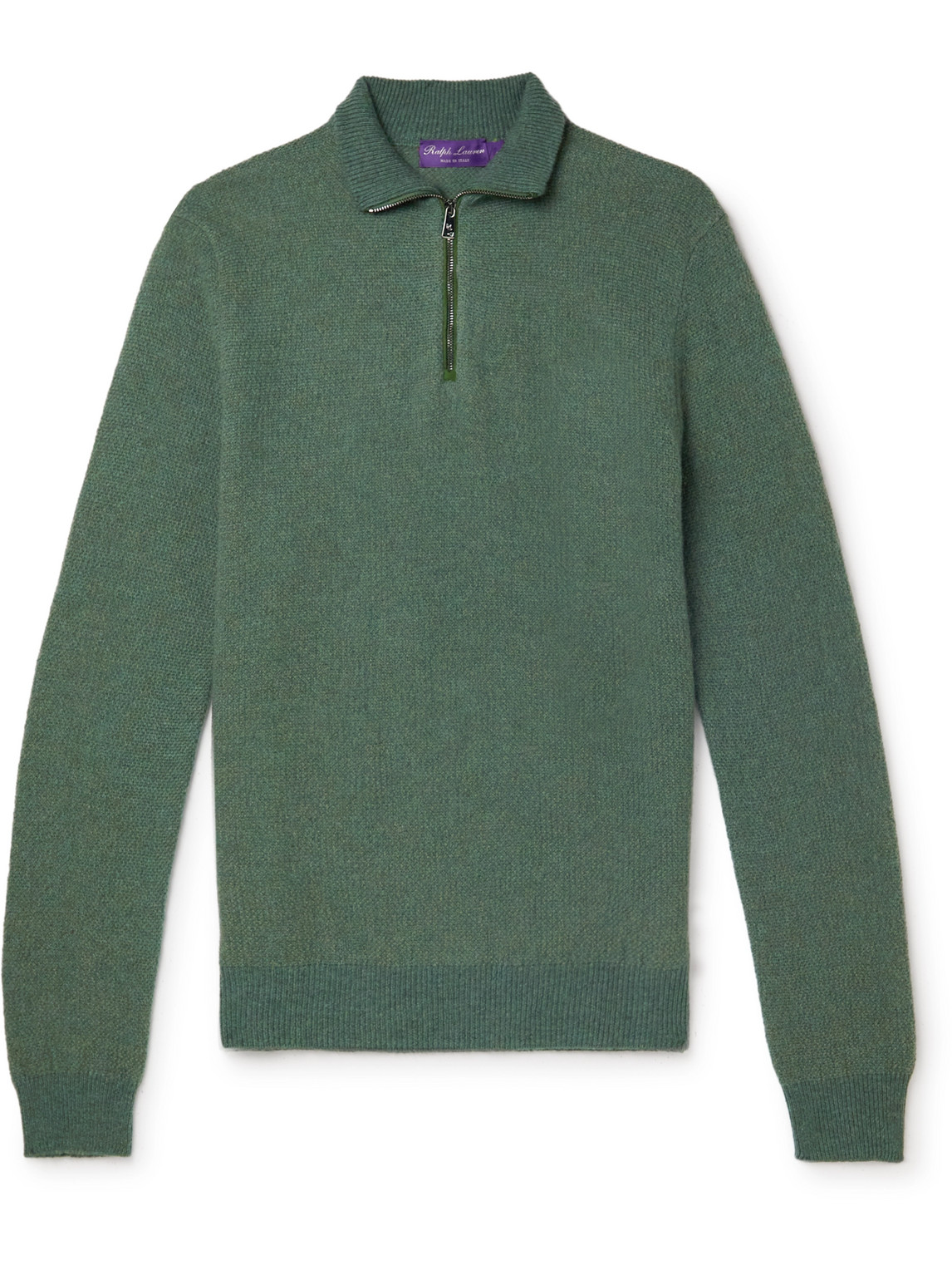 Ralph Lauren Purple Label Suede-trimmed Honeycomb-knit Cashmere Half-zip Sweater In Green