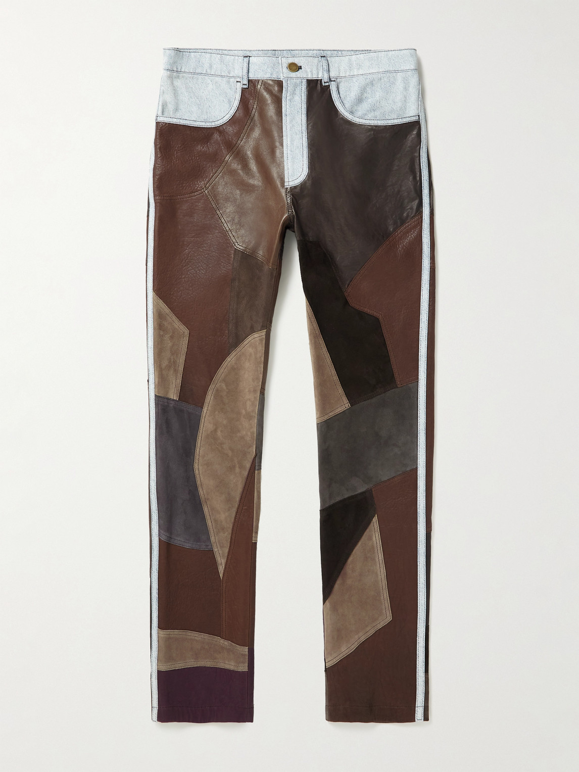 ACNE STUDIOS LYRITE TAPERED DENIM-TRIMMED PATCHWORK LEATHER TROUSERS