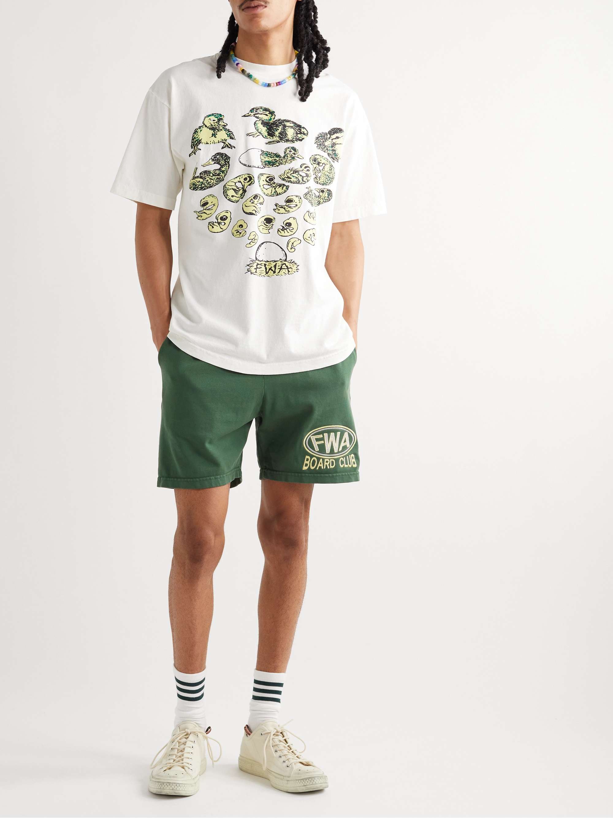FRIENDS WITH ANIMALS Straight-Leg Embroidered Cotton-Jersey Shorts