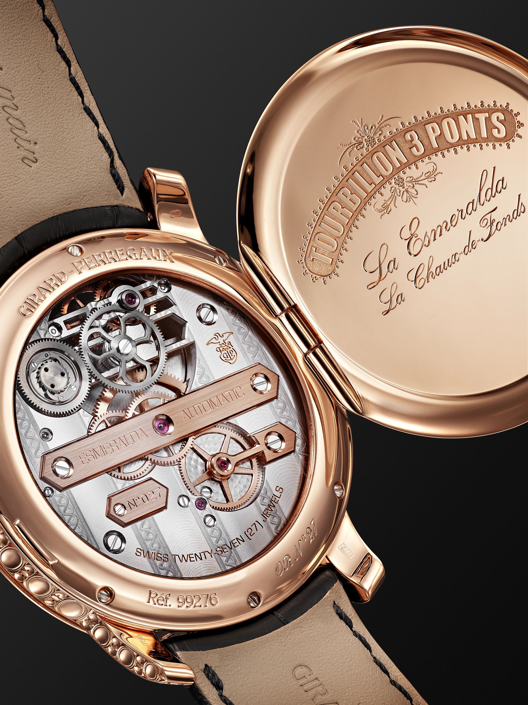 GIRARD-PERREGAUX La Esmeralda Automatic Tourbillon 44mm Pink Gold and Alligator Watch, Ref. No. 99276-52-000-BA6E