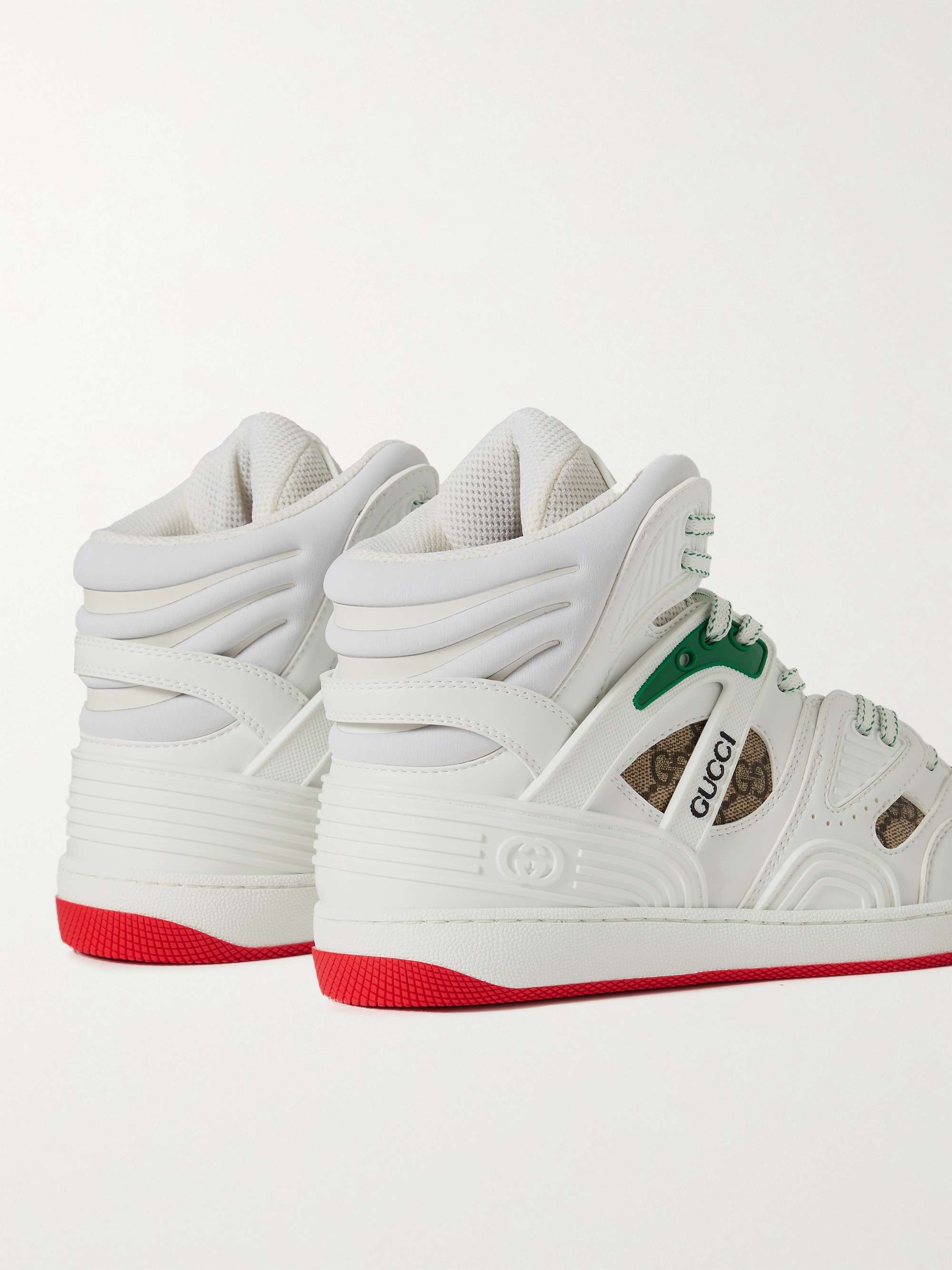 GUCCI Basket Rubber-Trimmed Monogrammed Canvas and Leather High-Top Sneakers