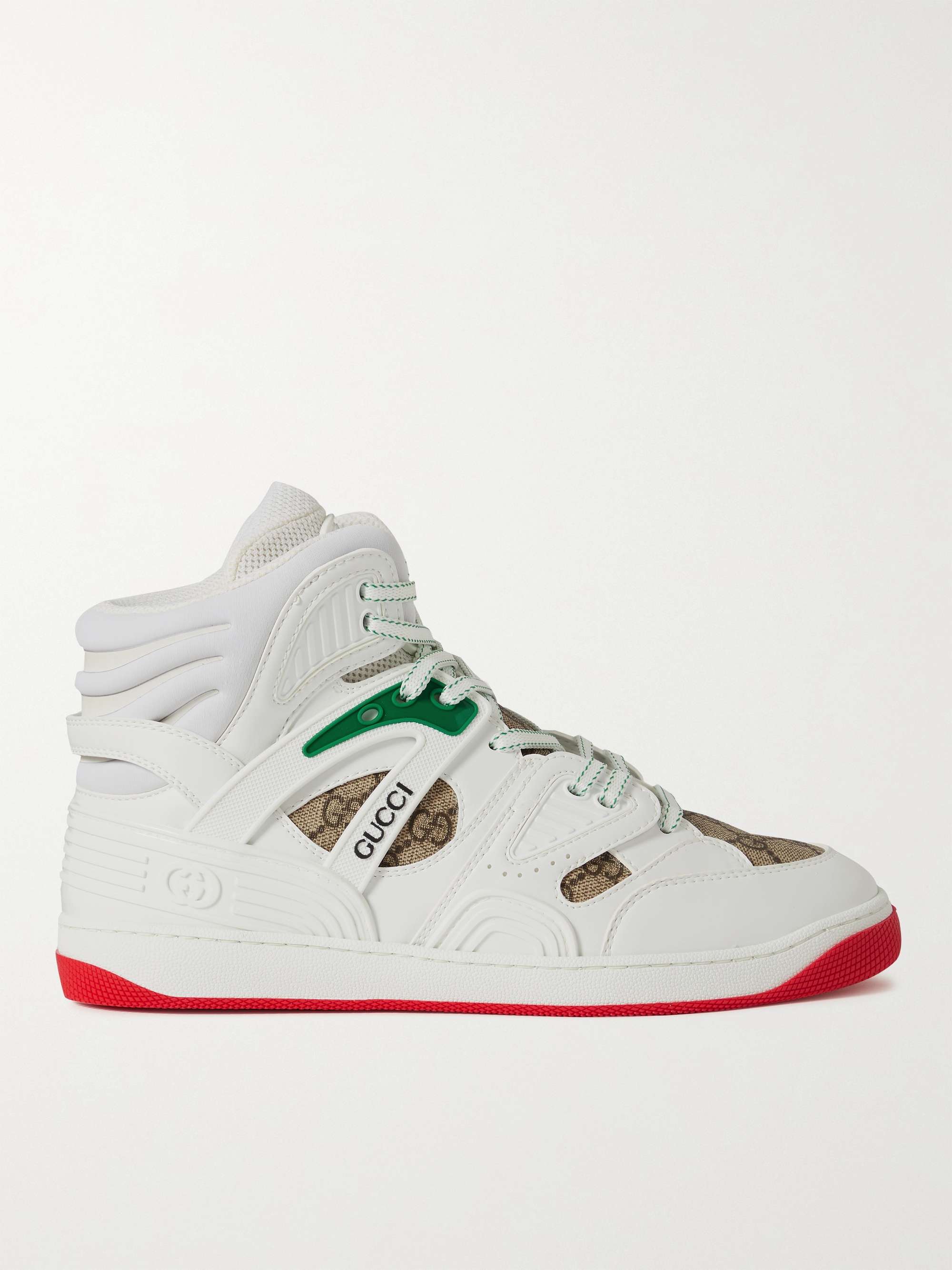 GUCCI Basket Rubber-Trimmed Monogrammed Canvas and Leather High-Top Sneakers