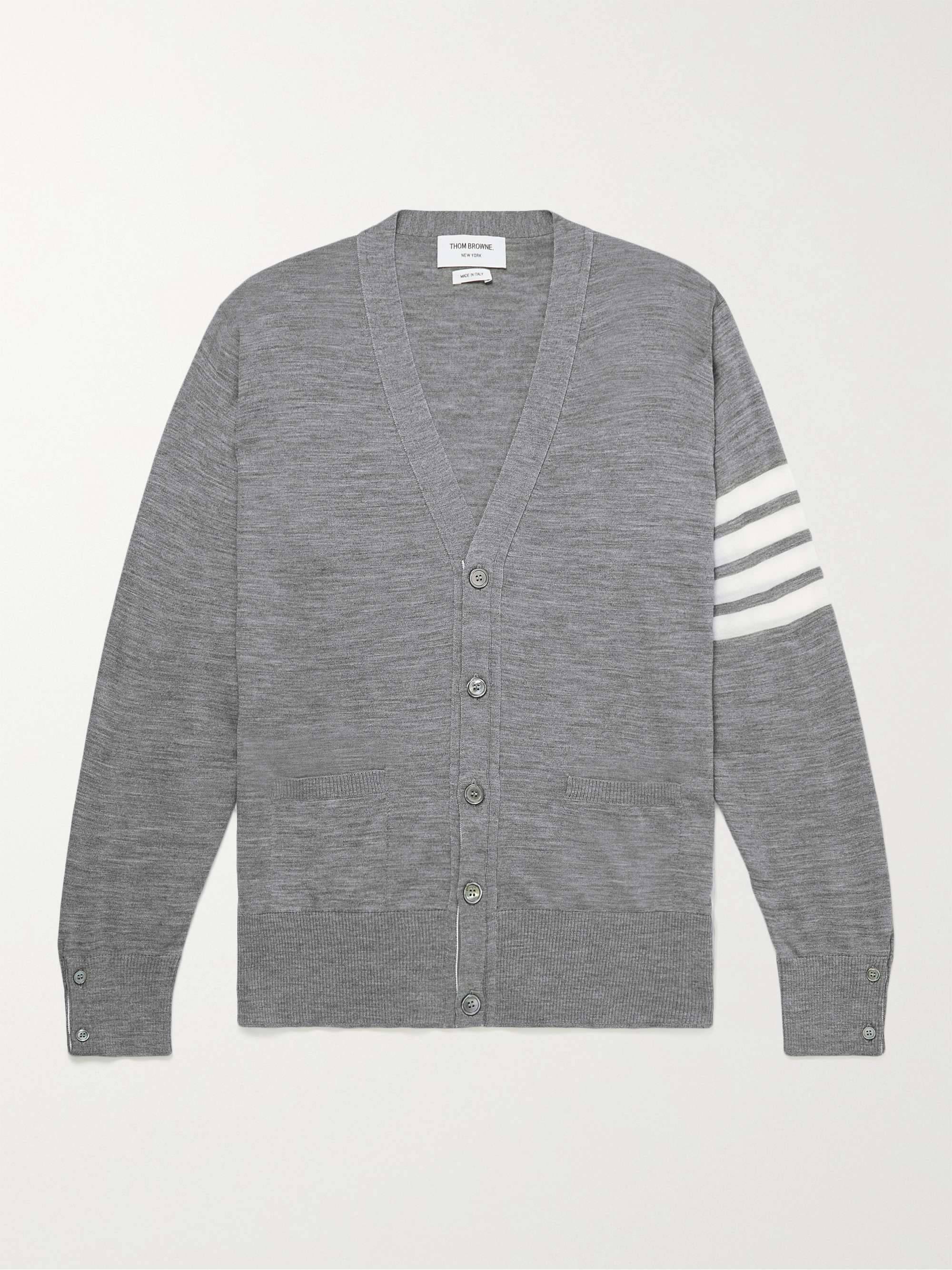 THOM BROWNE Striped Wool Cardigan,Gray