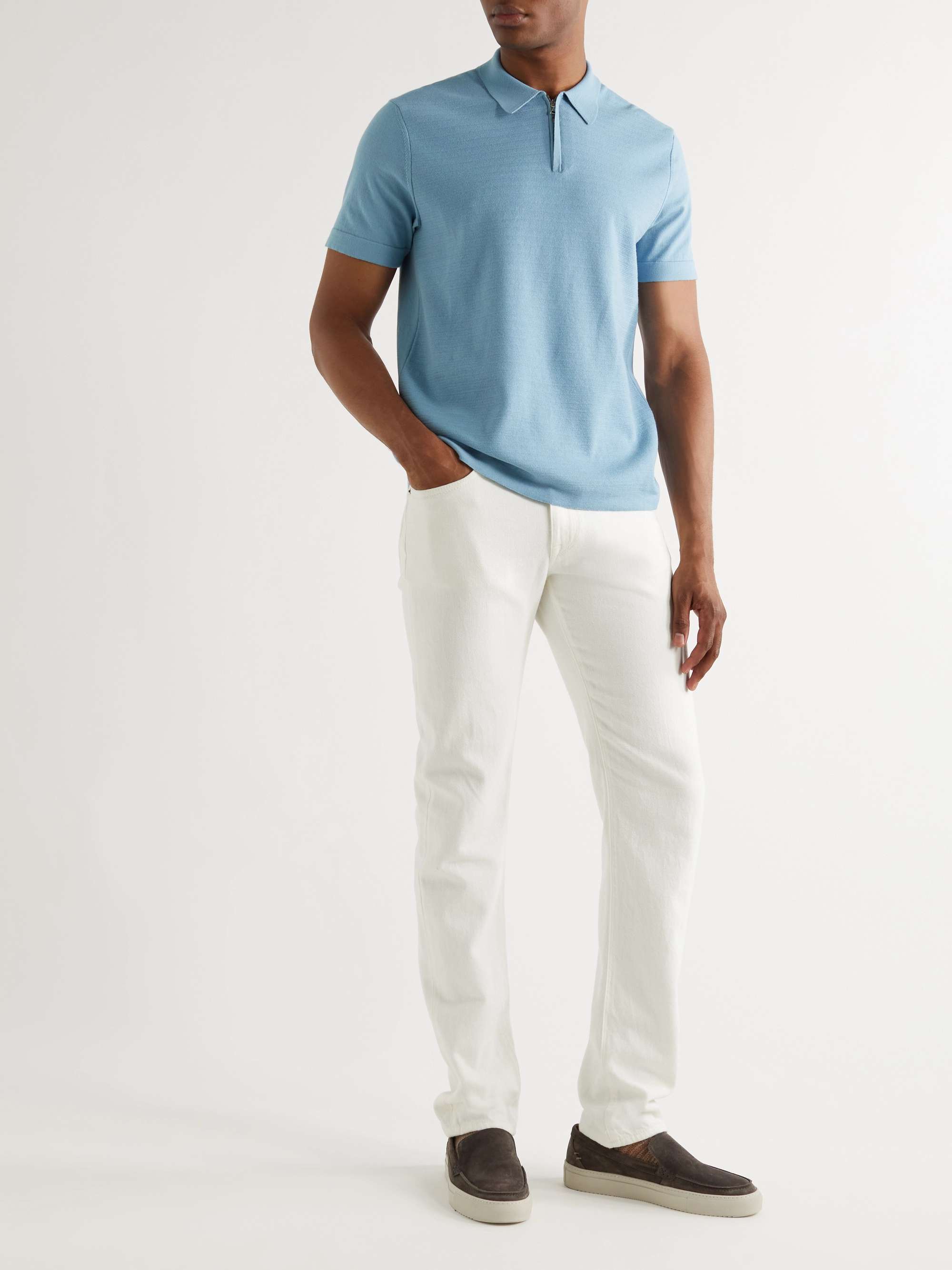 Navy Slim-Fit Colour-Block Cotton-Jacquard Half-Zip Polo Shirt 