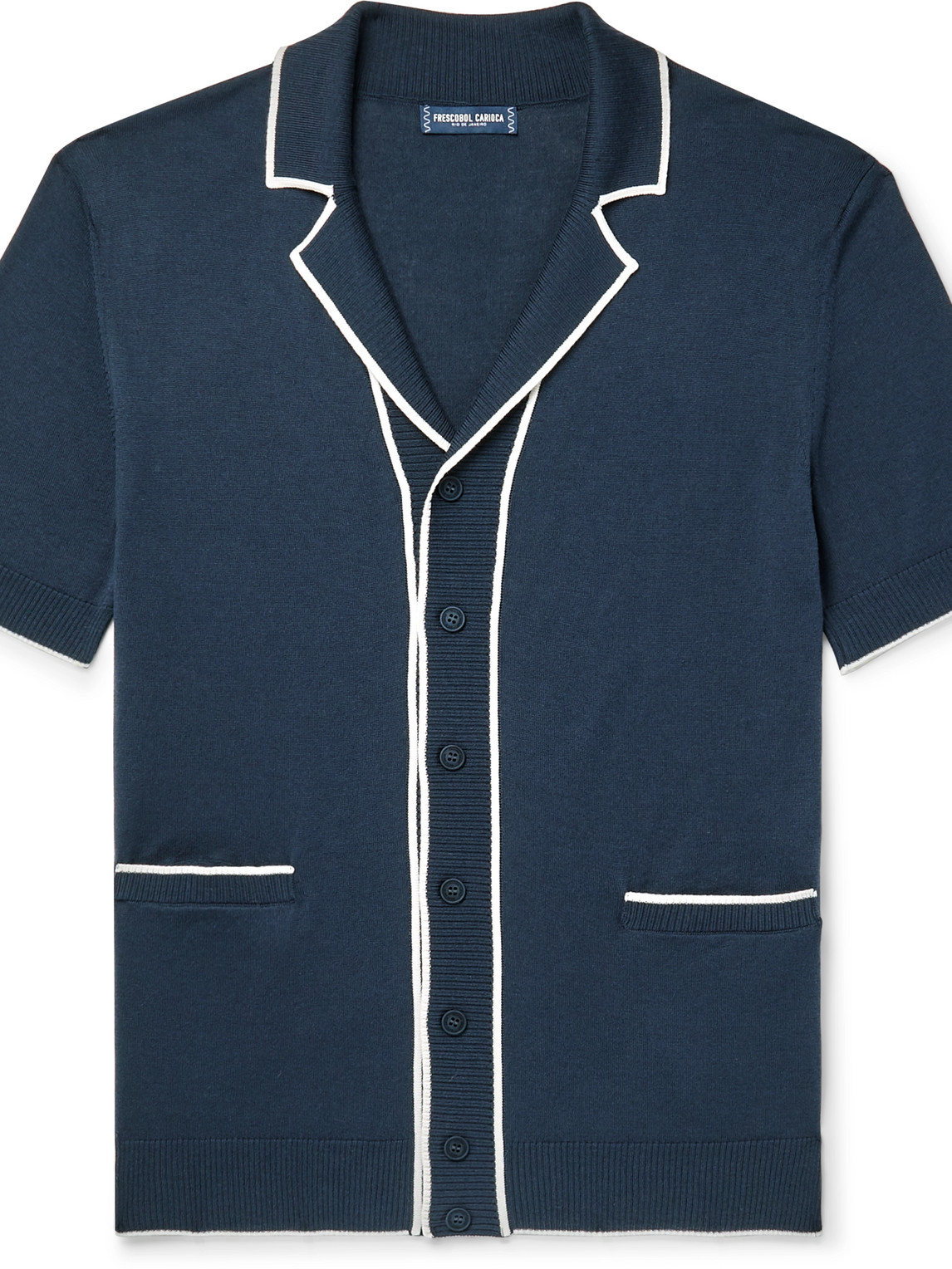 Frescobol Carioca Vinicius Camp-collar Contrast-tipped Cotton And Silk-blend Cardigan In Navy