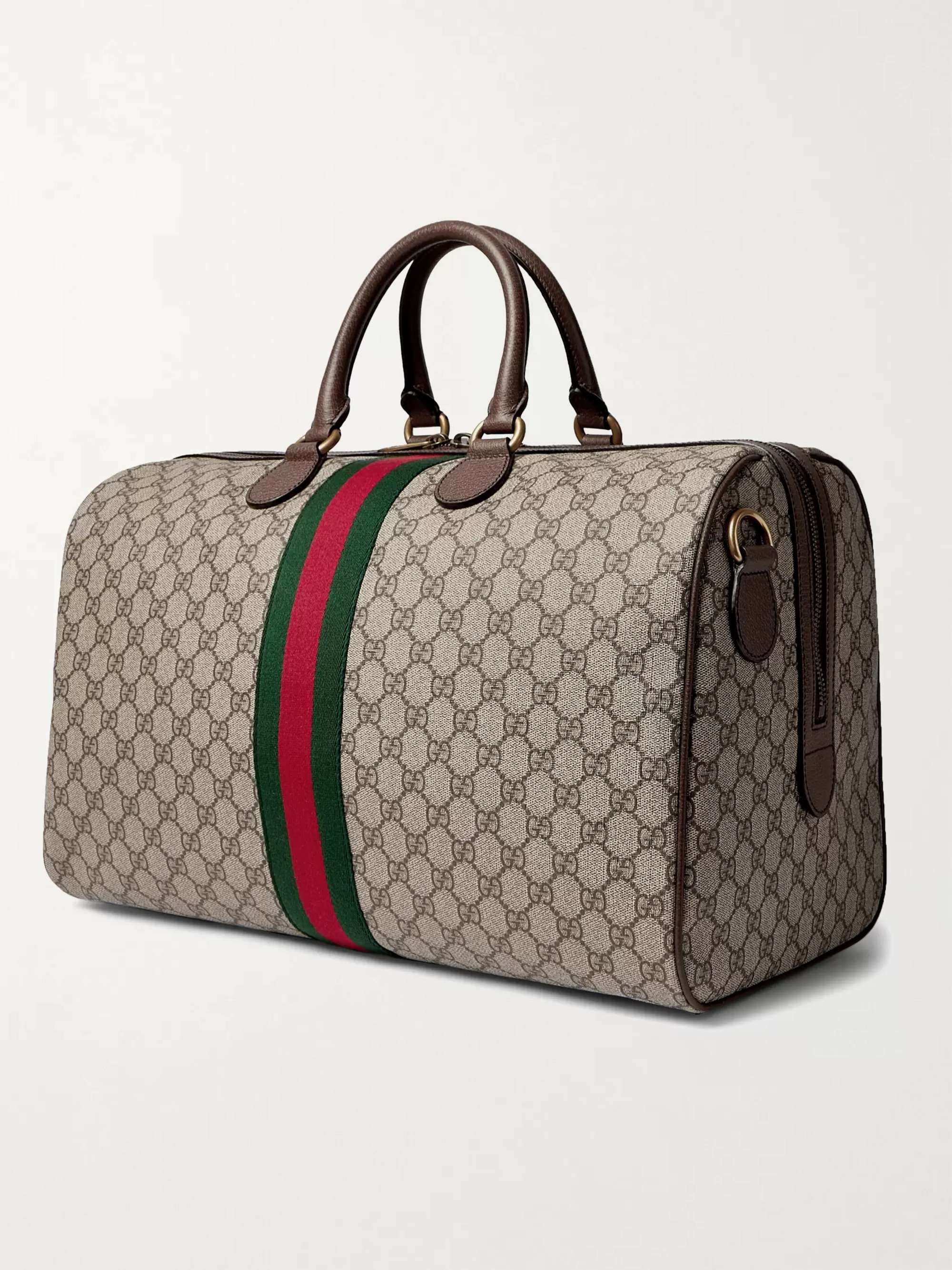 GUCCI Ophidia Leather and Webbing-Trimmed Monogrammed Coated-Canvas Duffle Bag