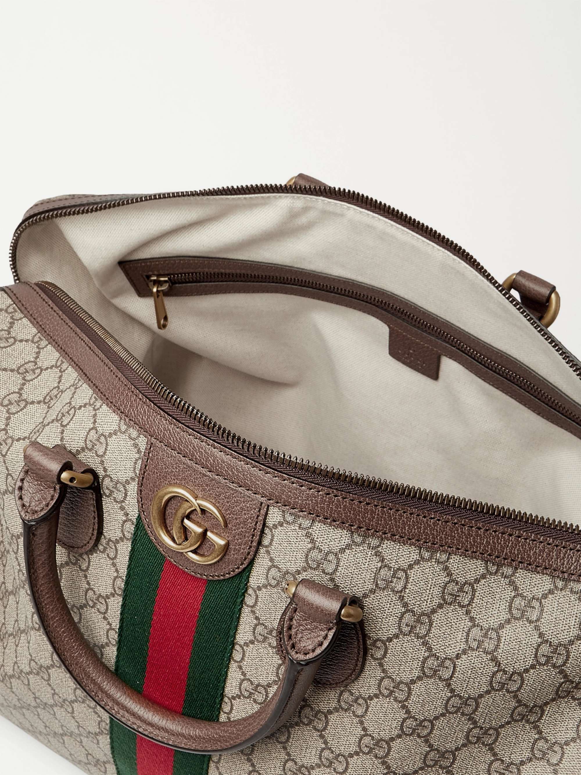 GUCCI Ophidia Leather and Webbing-Trimmed Monogrammed Coated-Canvas Duffle Bag