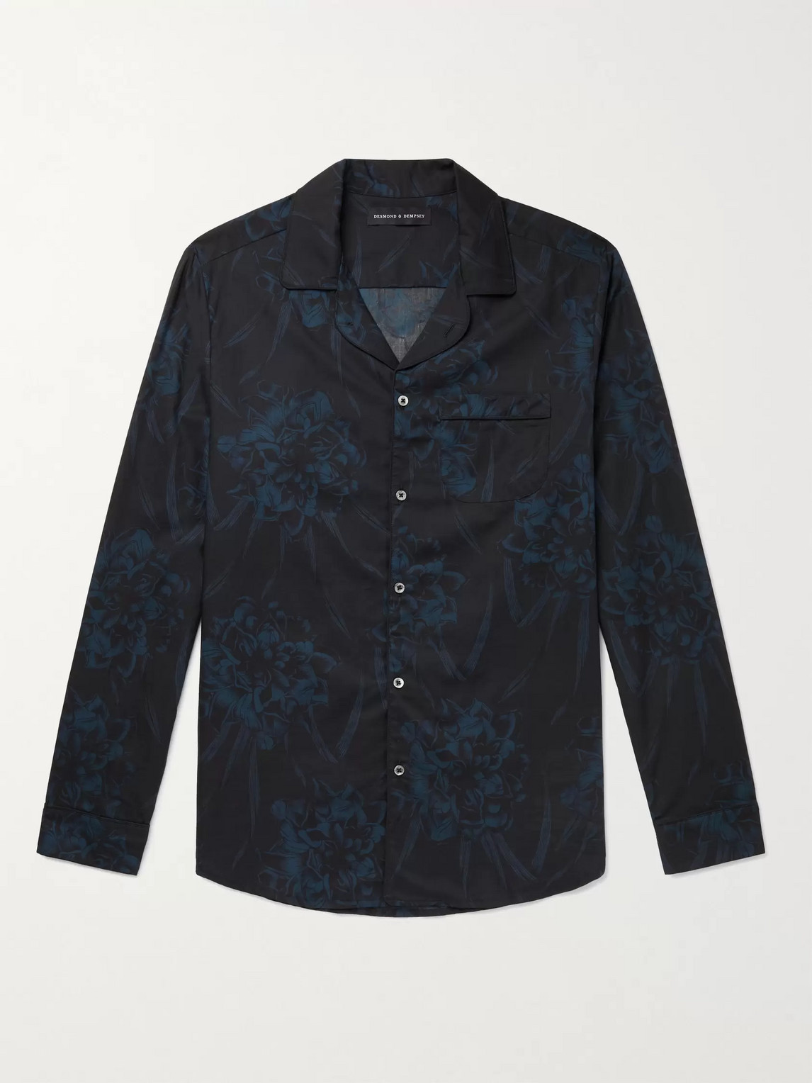 Desmond & Dempsey Camp-collar Piped Printed Cotton Pyjama Shirt In Black