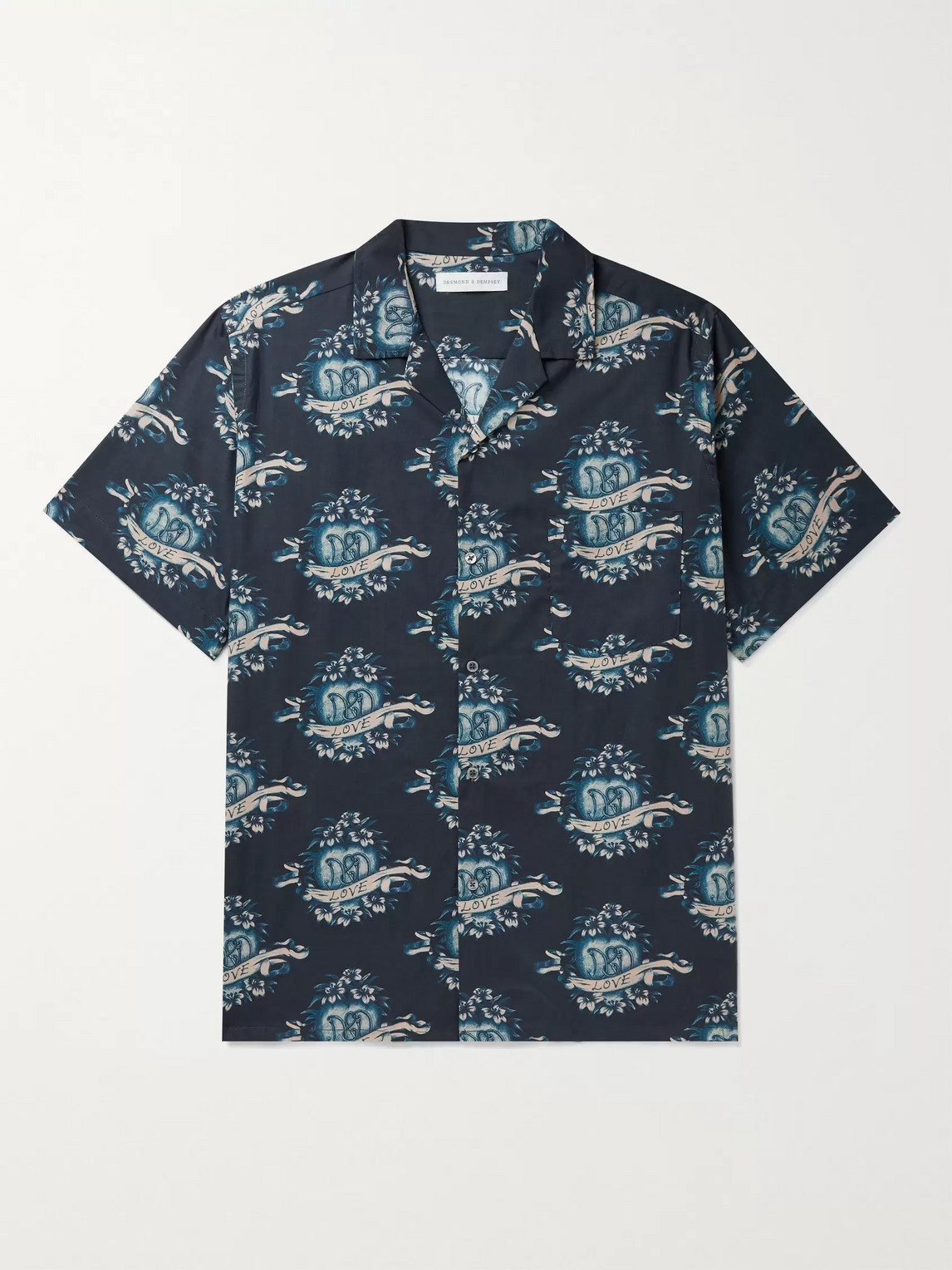Desmond & Dempsey Eros Camp-collar Printed Cotton Pyjama Shirt In Blue