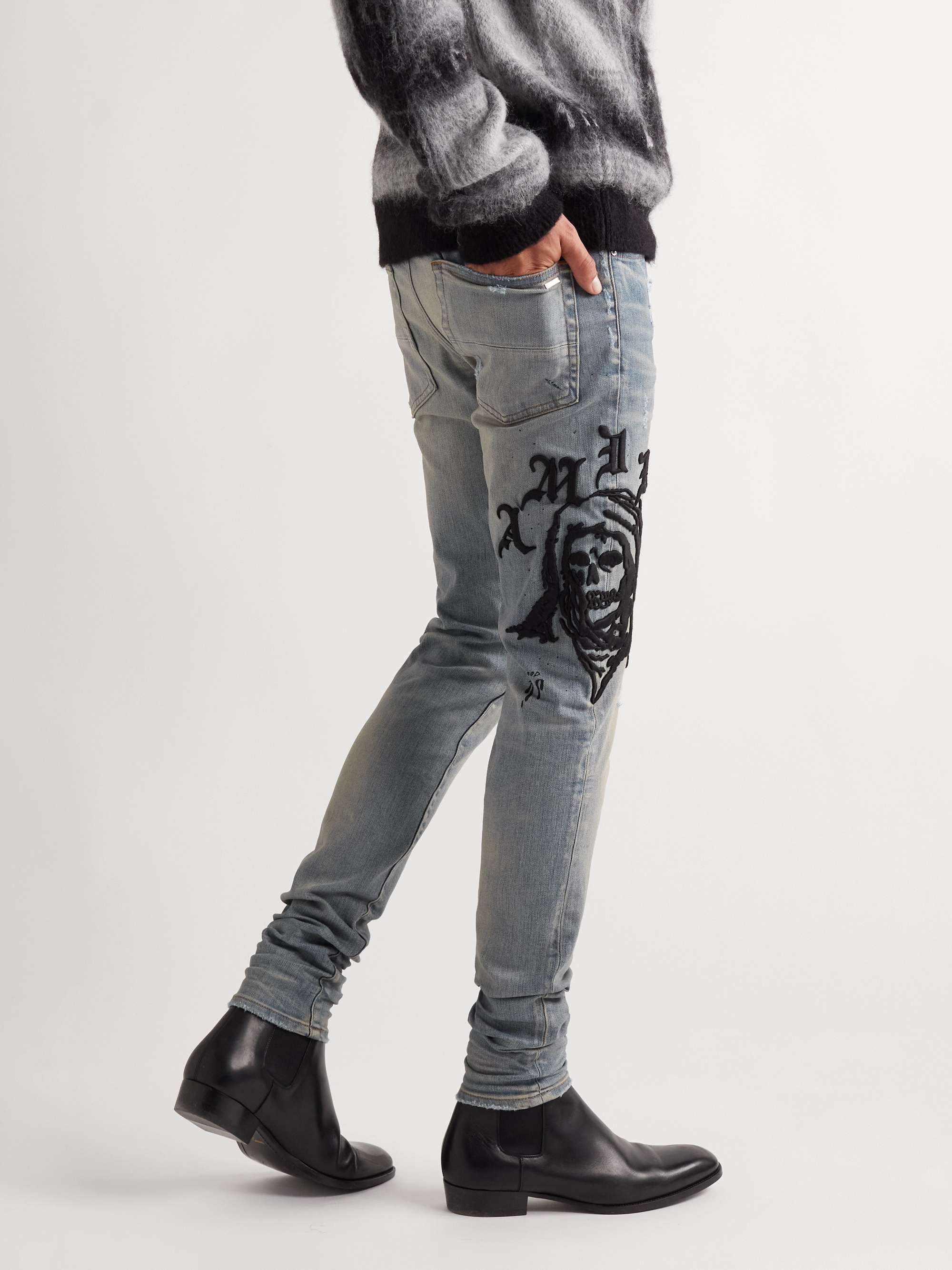 AMIRI + Wes Lang Skinny-Fit Distressed Embroidered Jeans