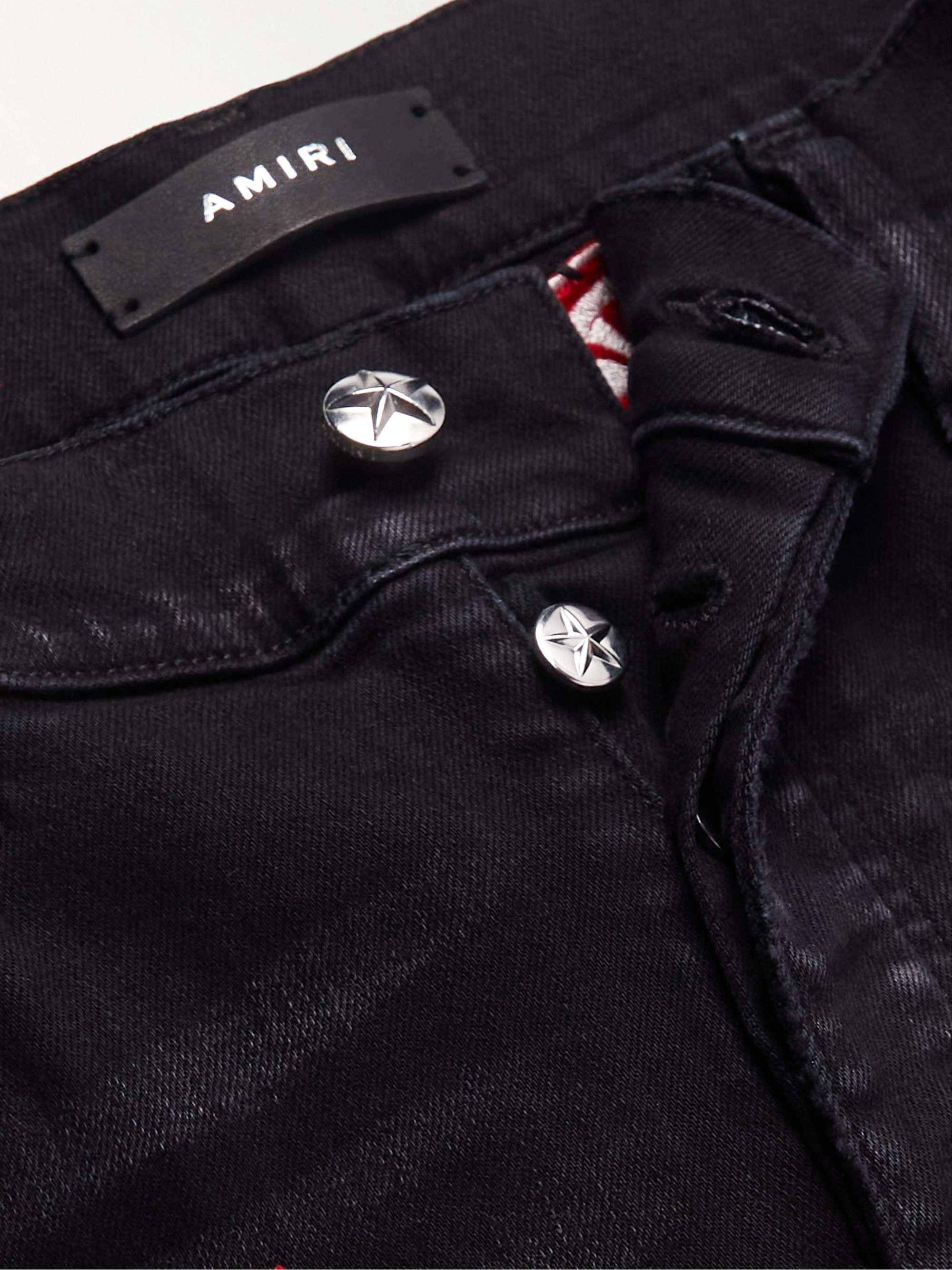 AMIRI + Chemist Skinny-Fit Suede-Appliquéd Distressed Jeans