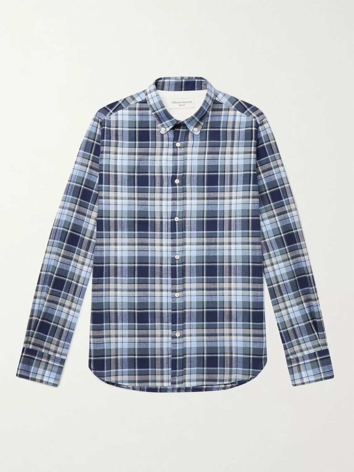 OFFICINE GENERALE ANTIME BUTTON-DOWN COLLAR CHECKED COTTON-CHAMBRAY SHIRT