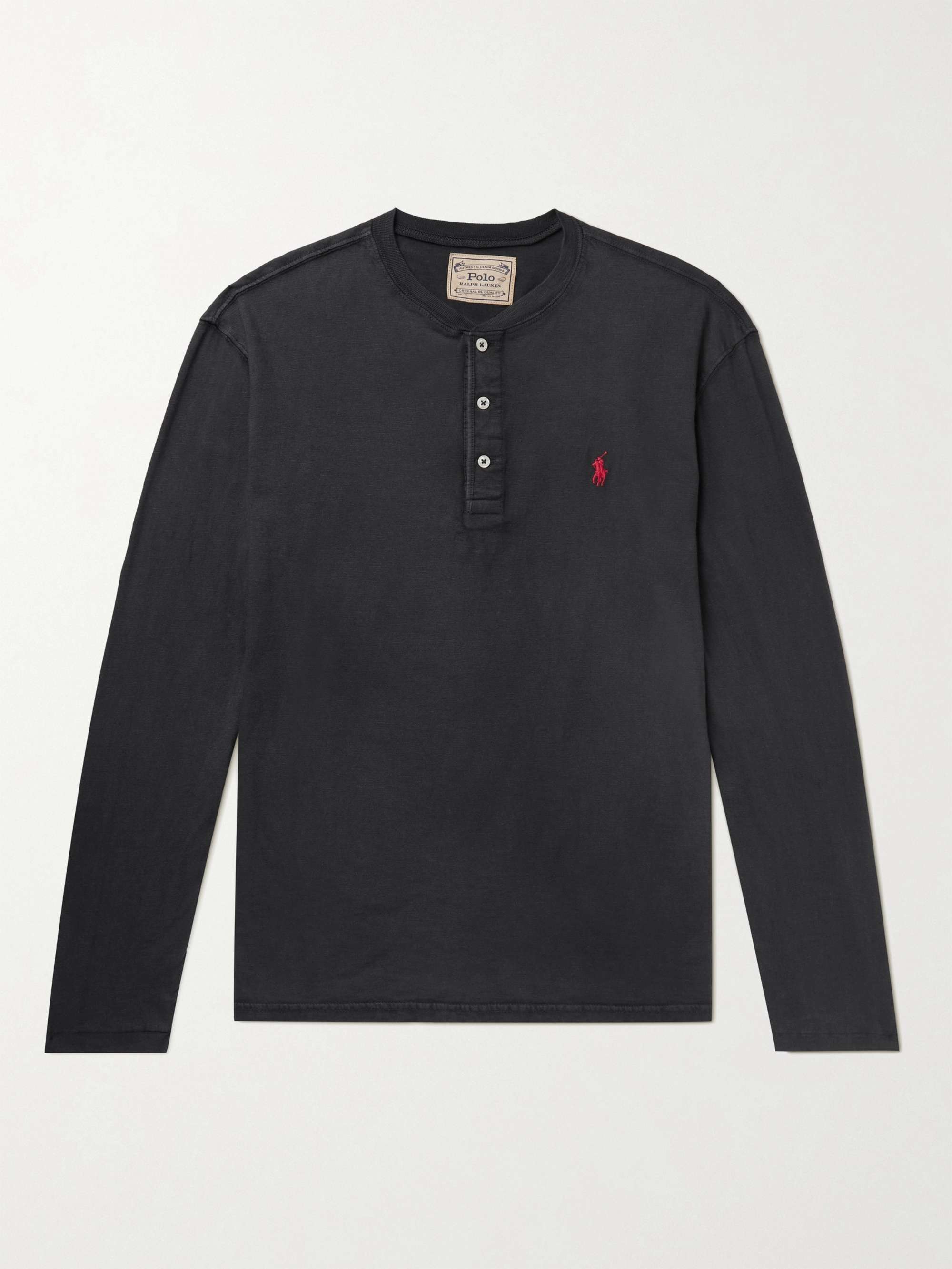 POLO RALPH LAUREN Logo-Embroidered Slub Cotton-Jersey Henley T-Shirt,Black