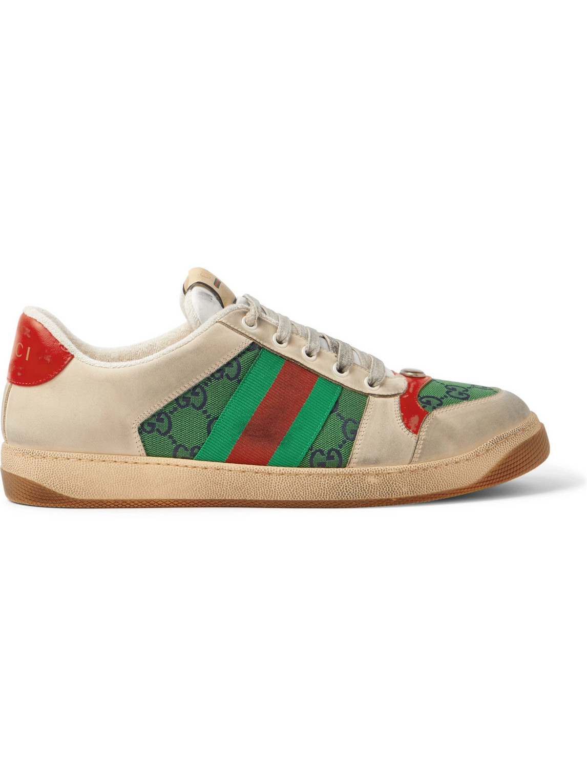 Screener GG Webbing-Trimmed Distressed Leather and Printed Canvas Sneakers