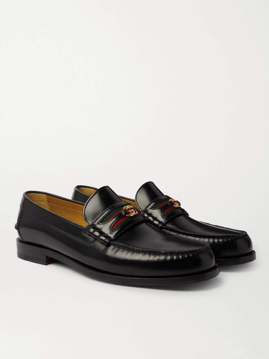 GUCCI KAVEH WEBBING-TRIMMED LEATHER LOAFERS
