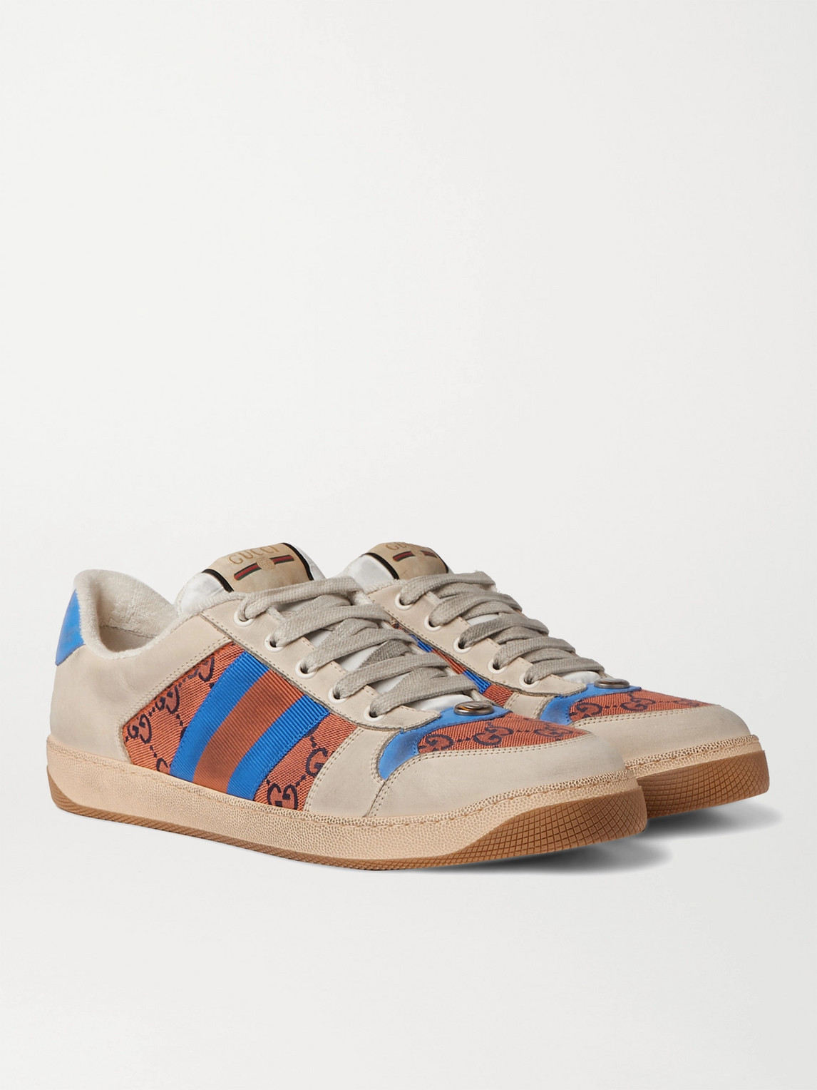 GUCCI SCREENER GG WEBBING-TRIMMED DISTRESSED LEATHER AND PRINTED CANVAS trainers