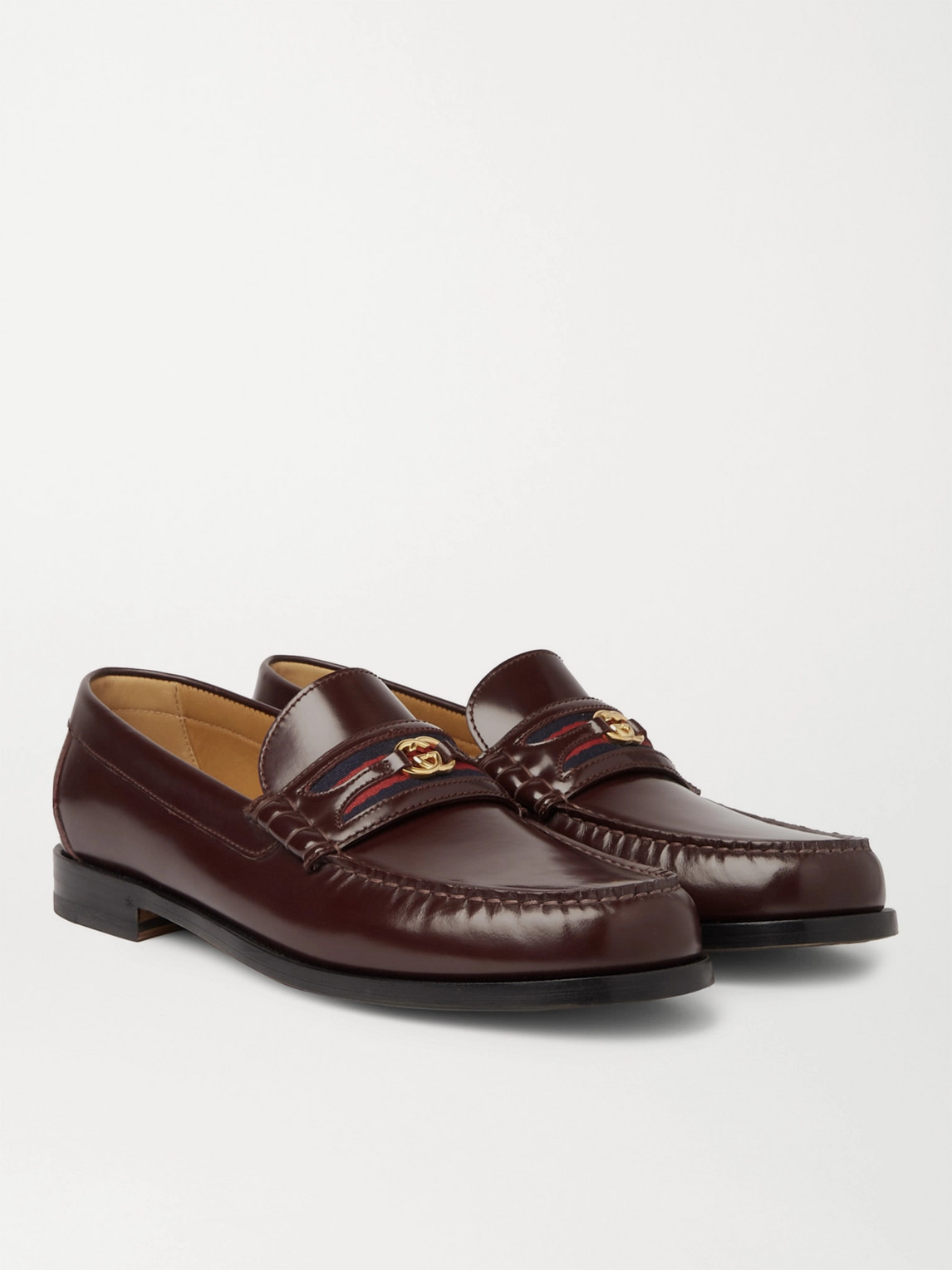 Gucci Kaveh Webbing-trimmed Leather Loafers In Burgundy
