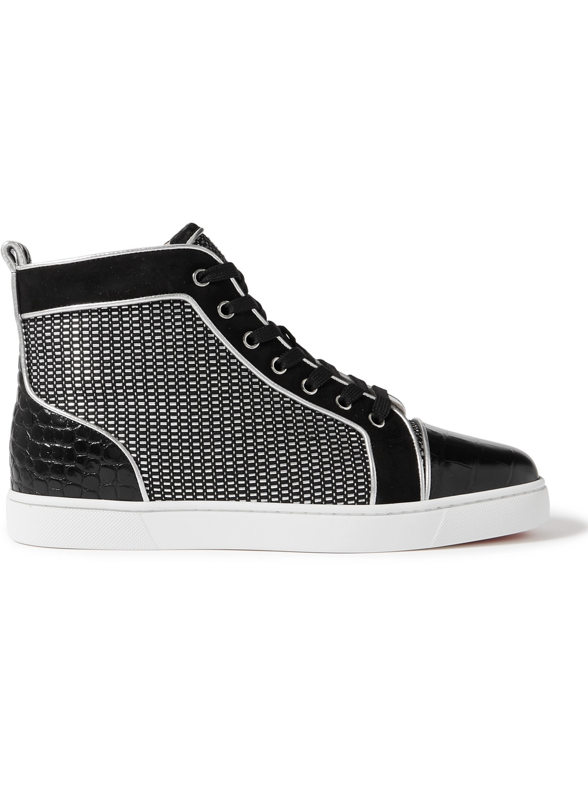 CHRISTIAN LOUBOUTIN LOUIS ORLATO SUEDE-TRIMMED CROC-EFFECT AND WOVEN LEATHER SNEAKERS