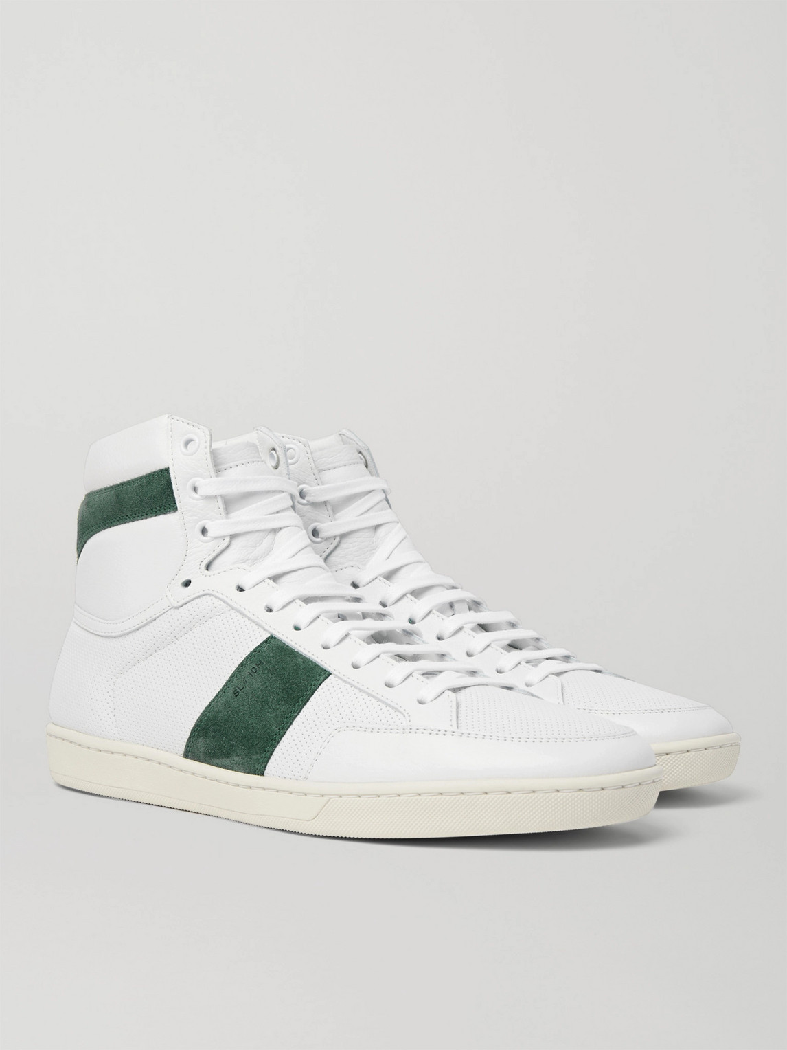 SAINT LAURENT SL/10 SUEDE-TRIMMED PERFORATED LEATHER HIGH-TOP SNEAKERS