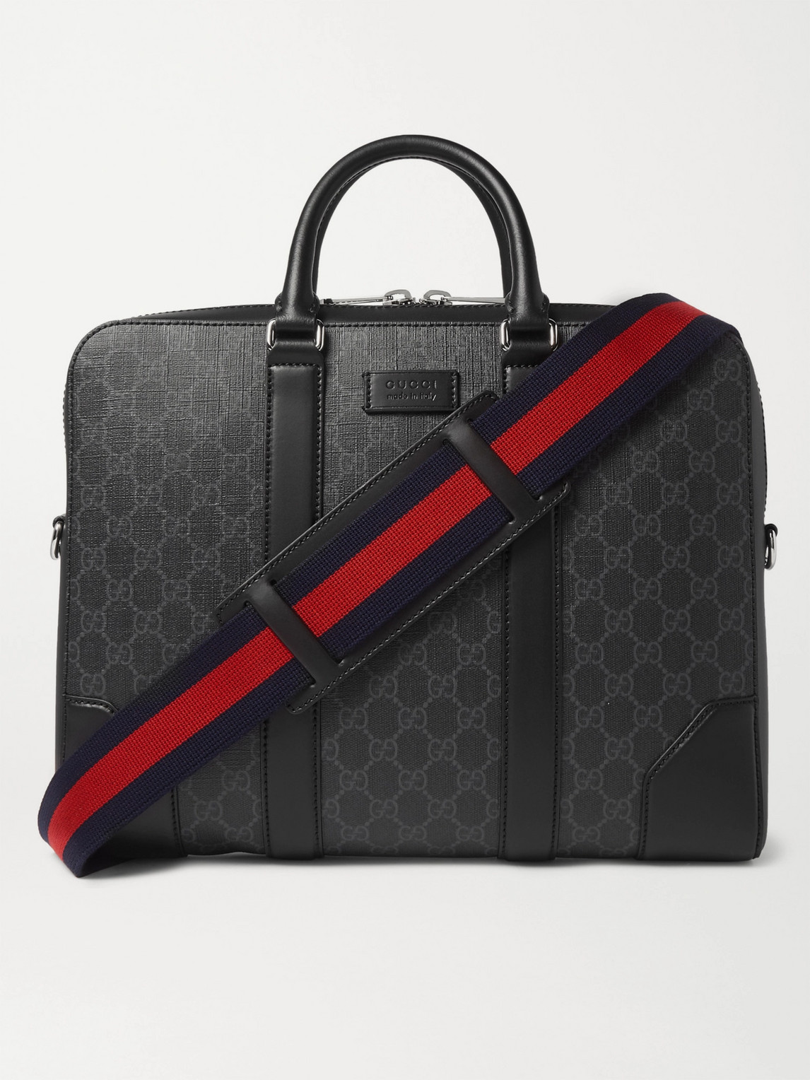Gucci Leather-trimmed Monogrammed Coated-canvas Briefcase In Black