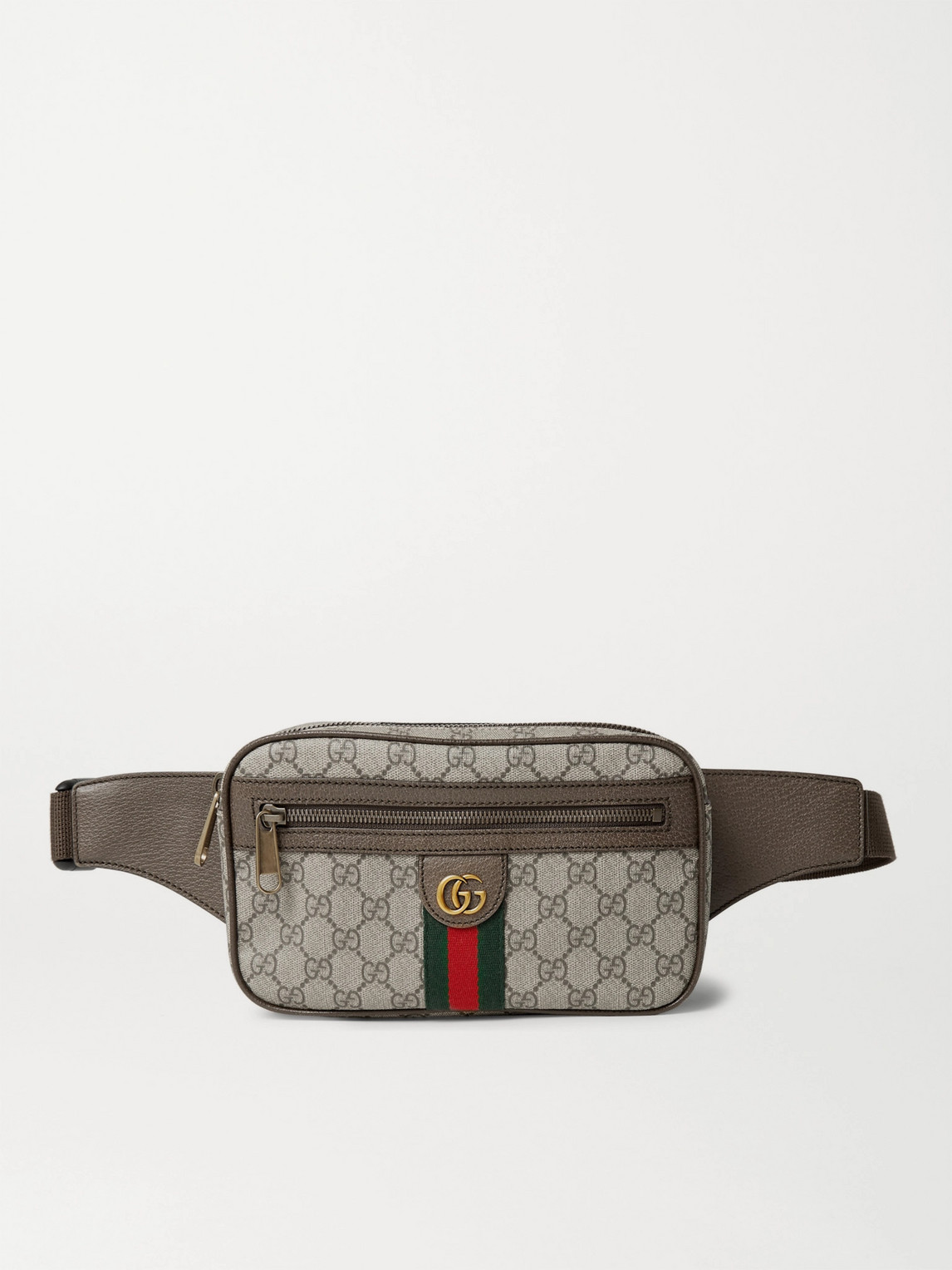Gucci Leather-trimmed Monogrammed Coated-canvas Belt Bag In Brown