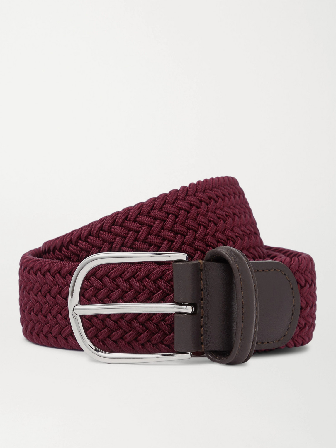 Anderson's 3.5cm Leather-trimmed Woven Elastic Belt In Burgundy