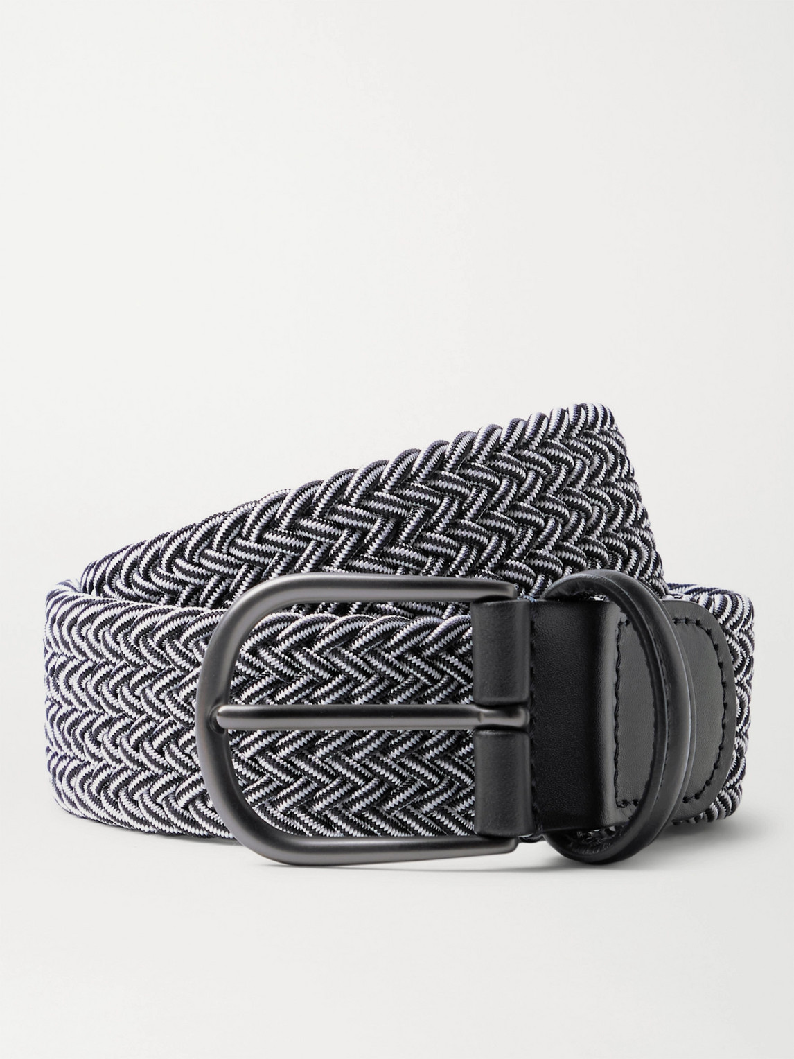 Anderson's 3.5cm Leather-trimmed Woven Elastic Belt In Grey