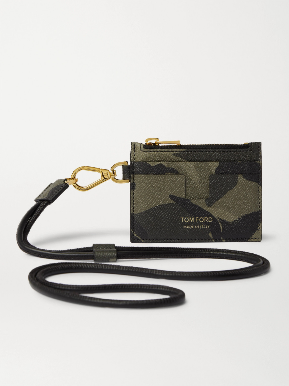 Tom Ford Camouflage-print Leather Cardholder With Lanyard In Green
