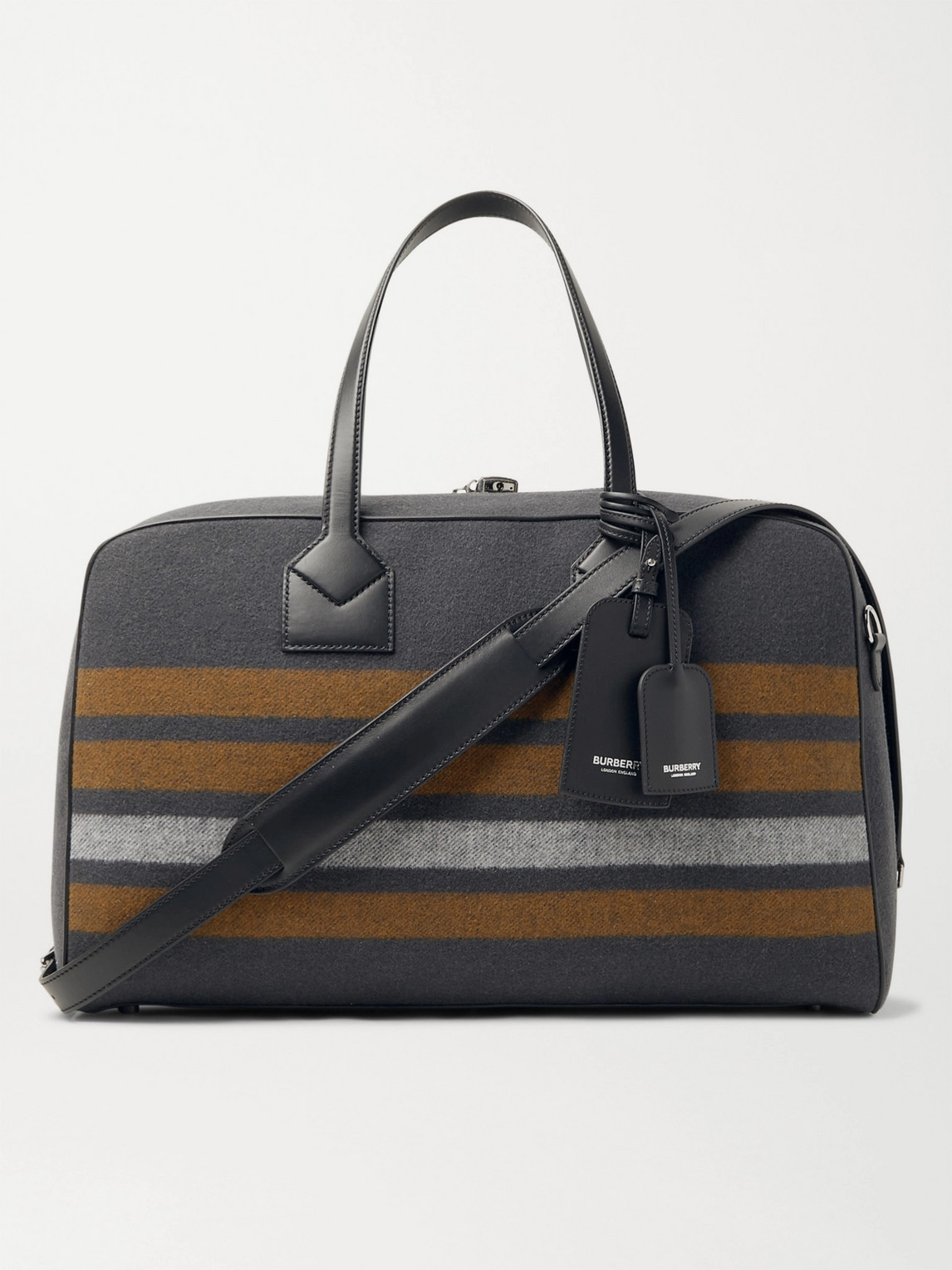 BURBERRY LEATHER-TRIMMED STRIPED VIRGIN WOOL-TWILL HOLDALL