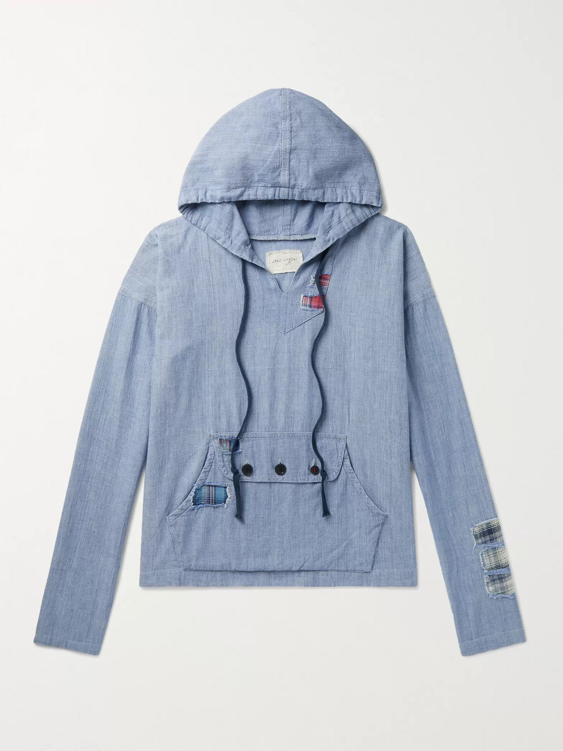 Greg Lauren Distressed Patchworked Cotton-chambray Hoodie In Blue