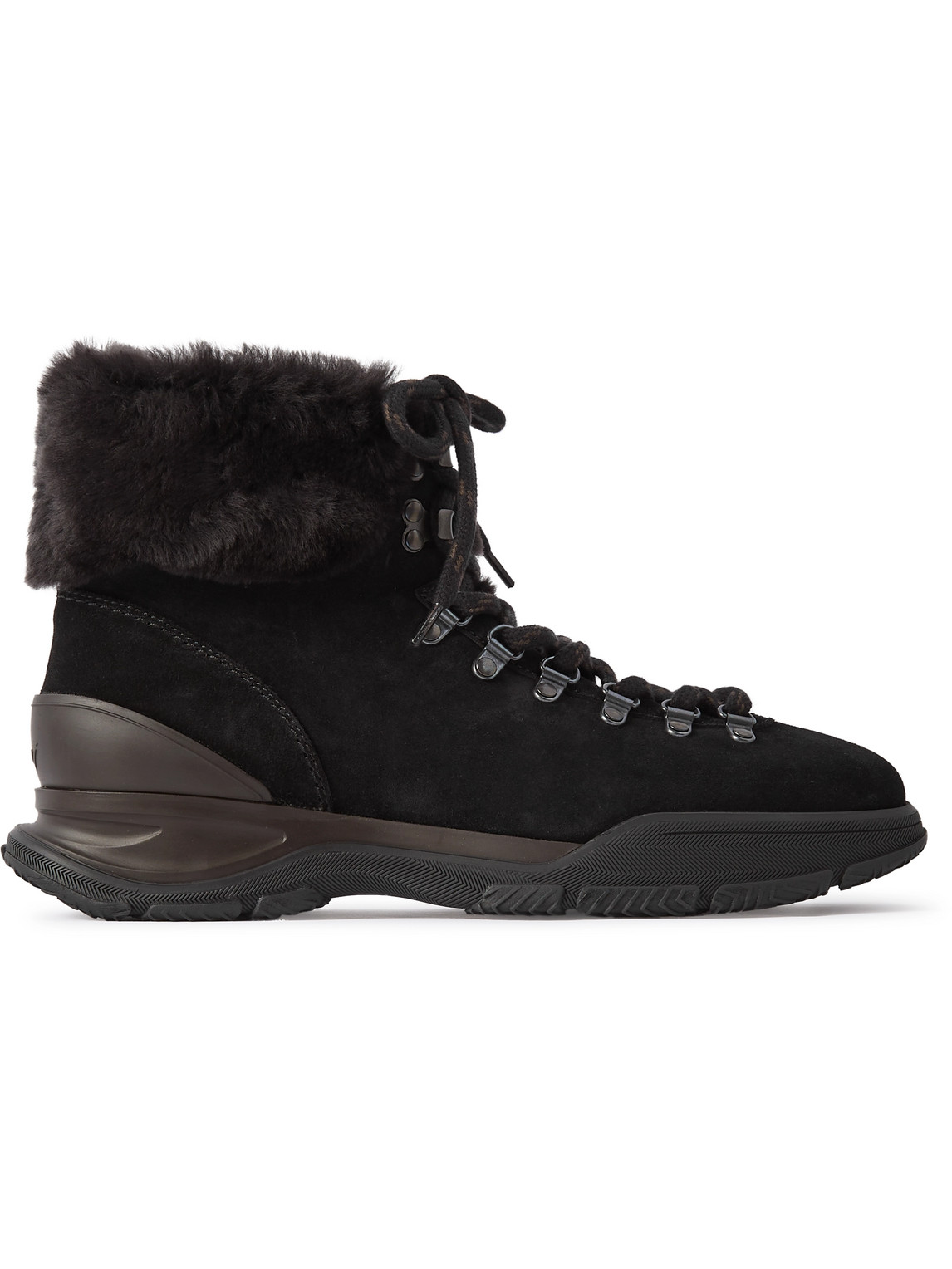 Brioni Faux Fur-trimmed Suede Hiking Boots In Black